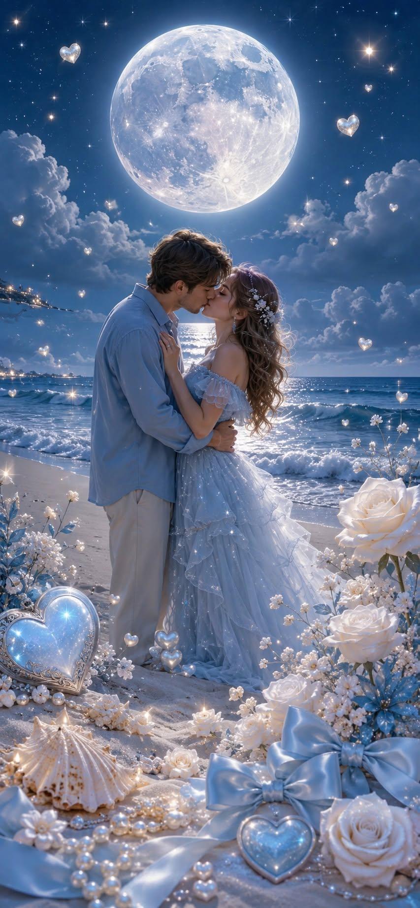 Moonlit Beach Kiss Wallpaper