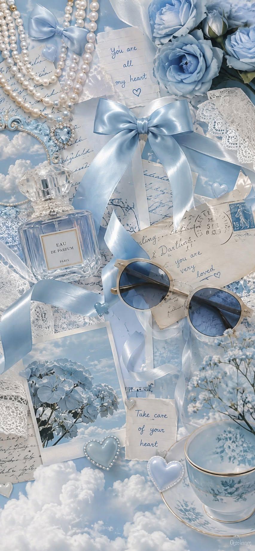 Romantic Blue Vintage Collage Wallpaper