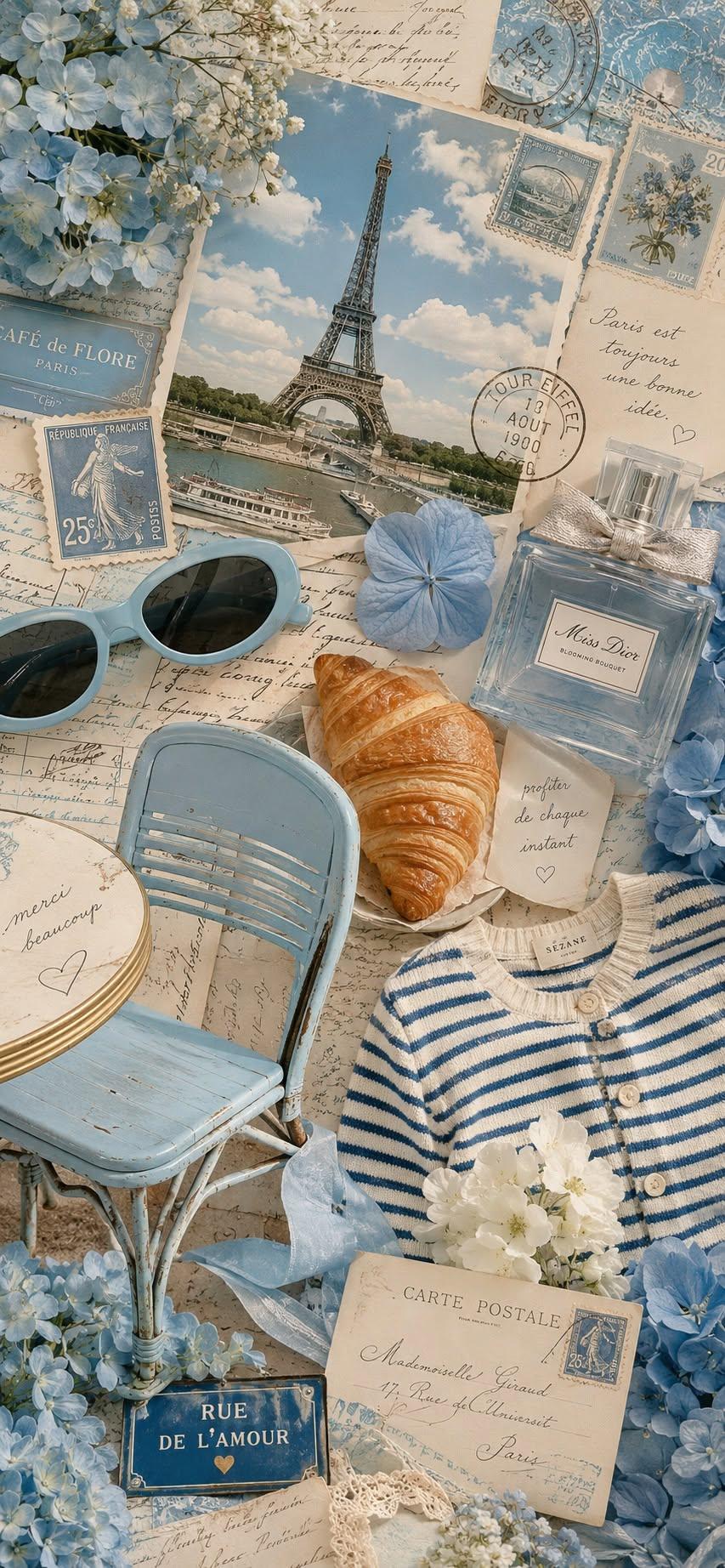 Parisian Blue Café Collage Wallpaper