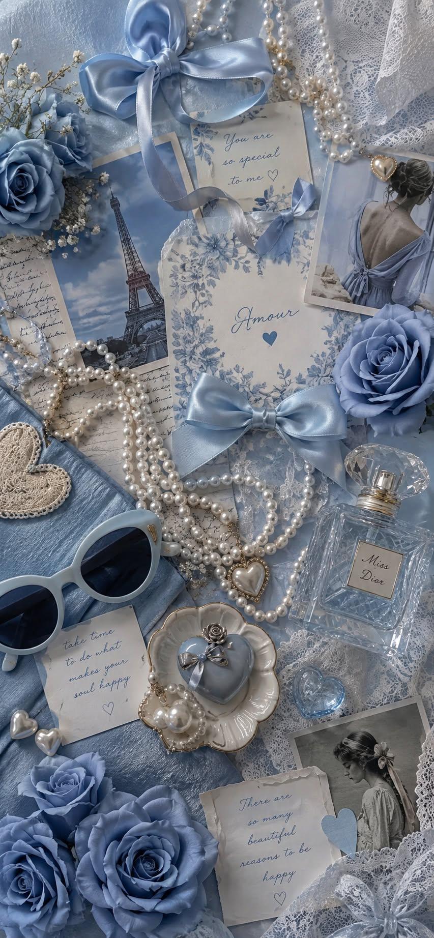 Blue Coquette Amour Collage Wallpaper