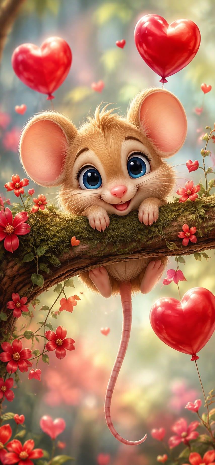 Baby Mouse on Branch with Heart Balloons