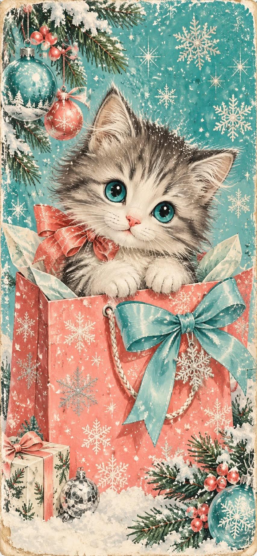 Cute Vintage Christmas Kitten Wallpaper