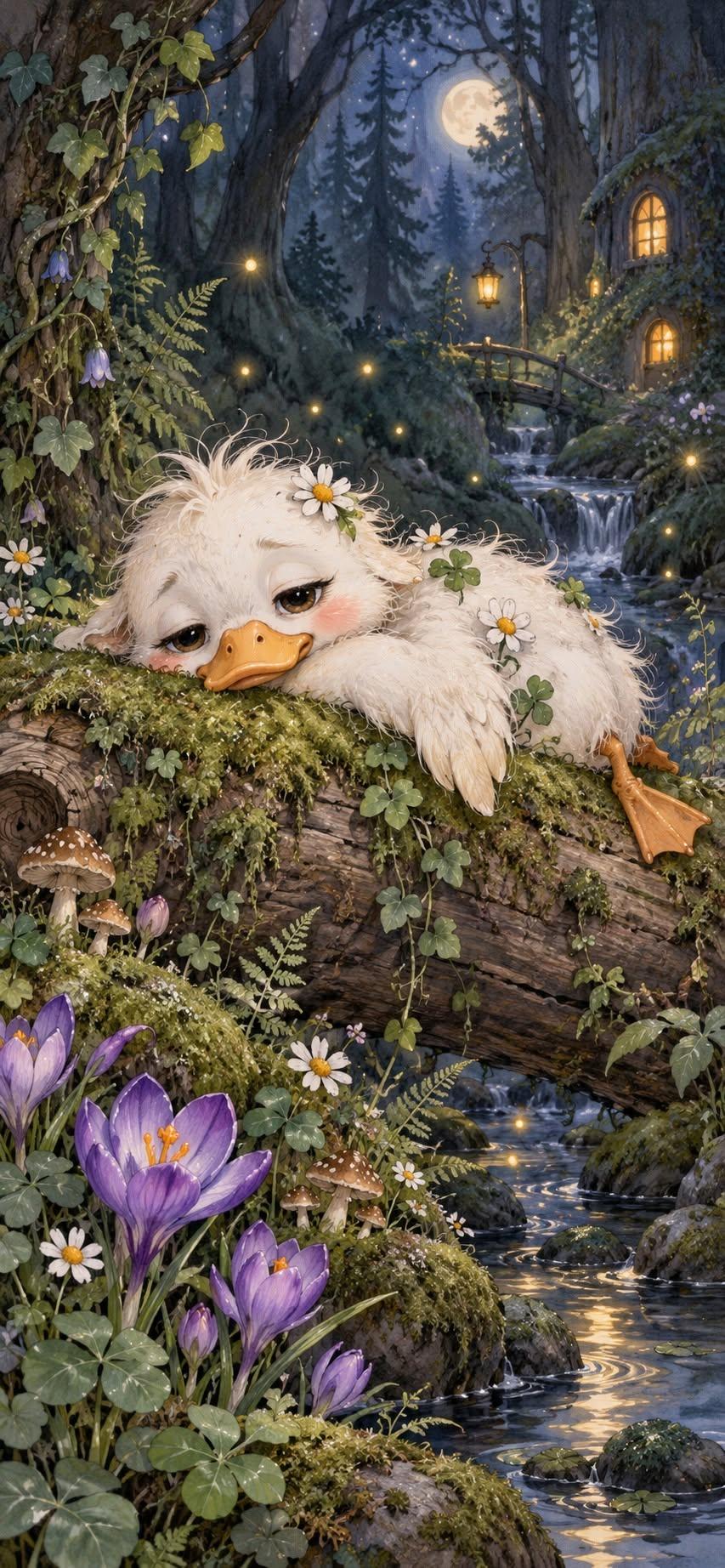 Sleepy Duckling Enchanted Forest Wallpaper