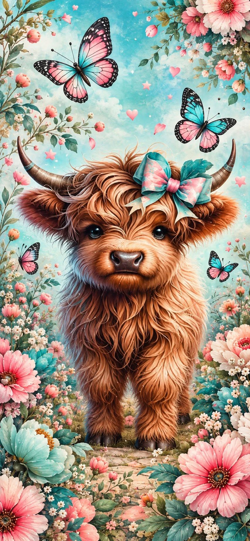 Cute Highland Cow Butterfly Wallpaper