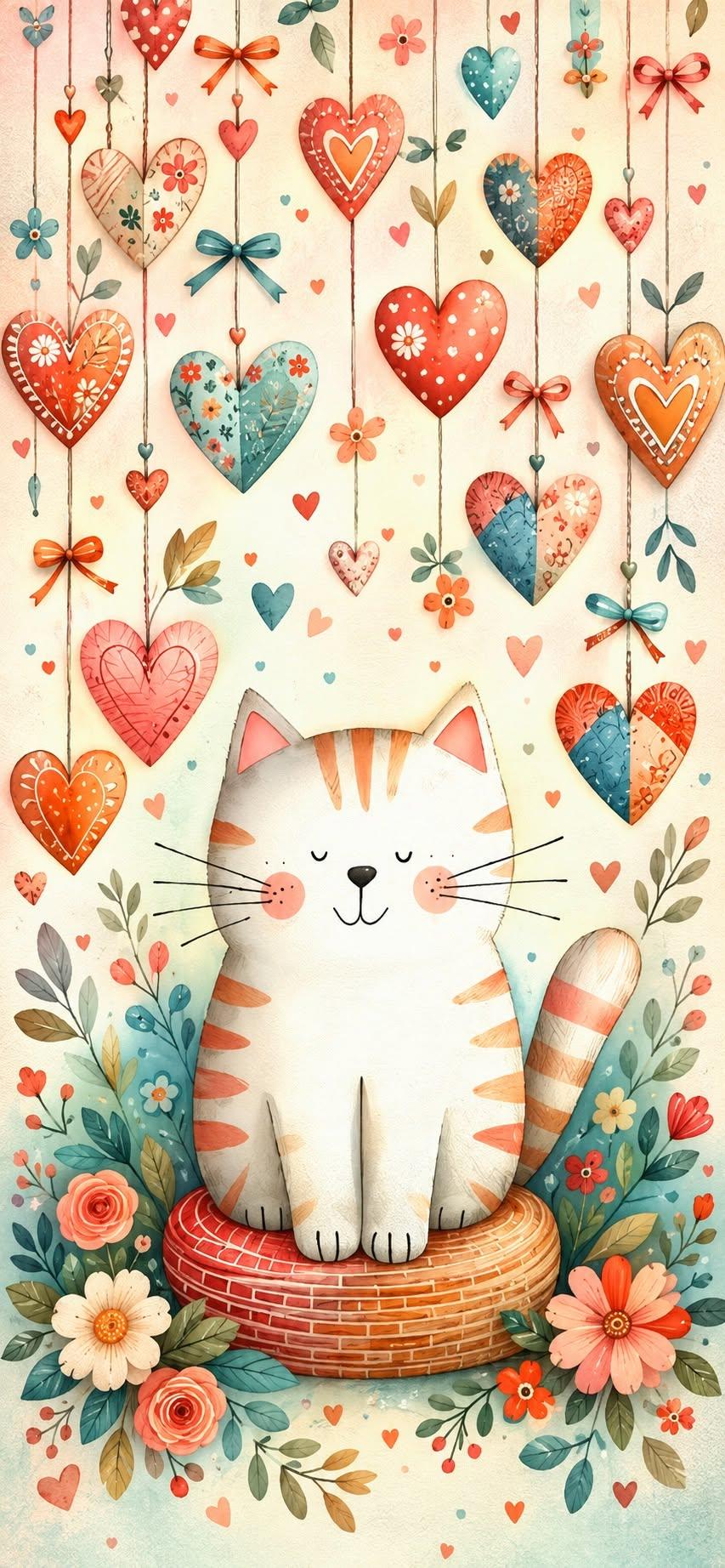 Sweet Cat and Hearts Wallpaper