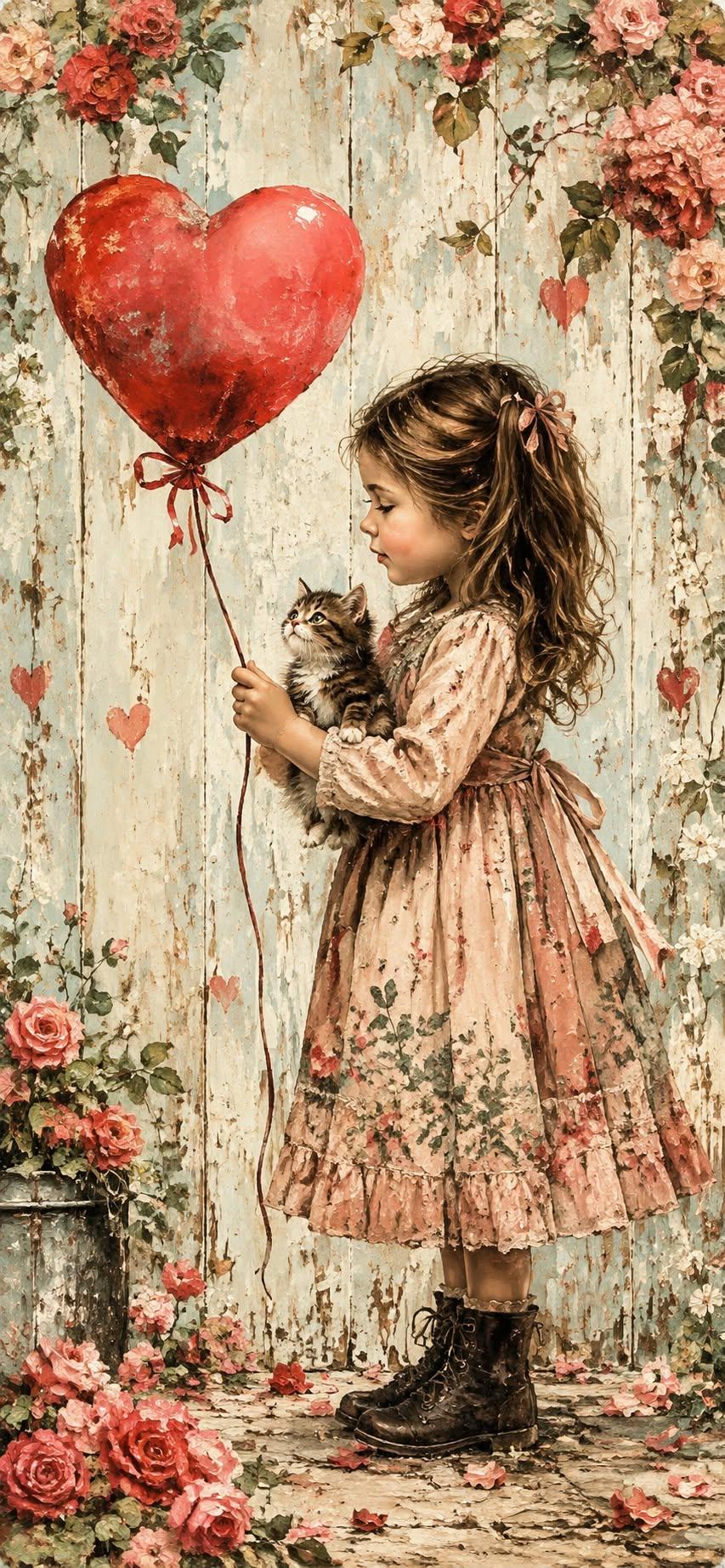 Vintage Girl and Kitten Heart Balloon Wallpaper