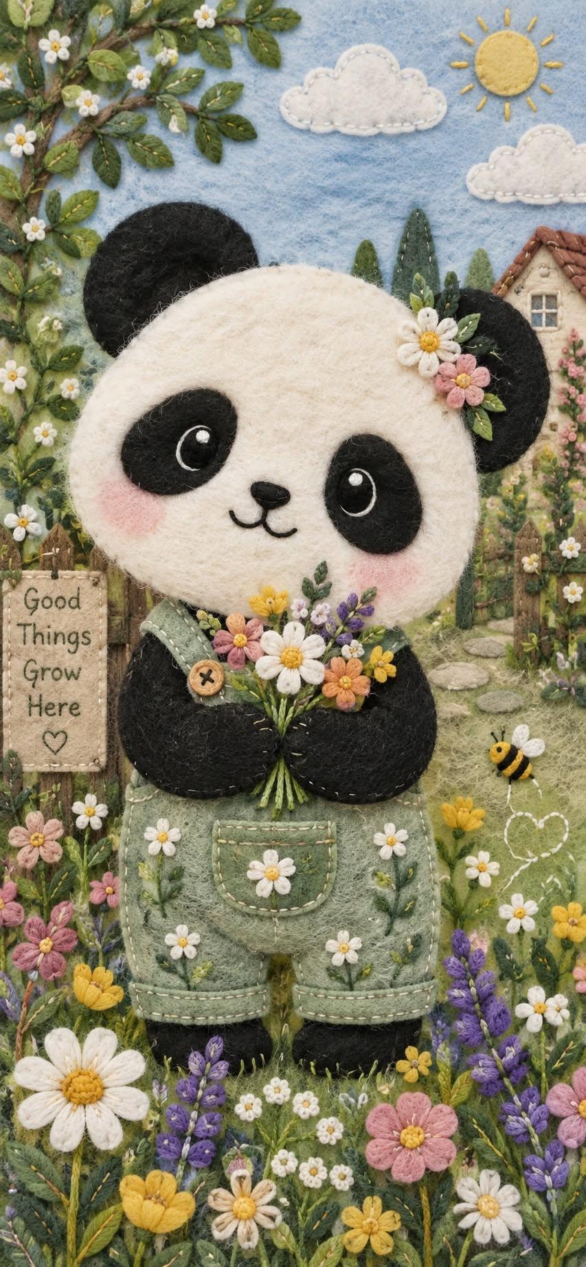 Cute Patchwork Panda Flower Garden Wallpaper