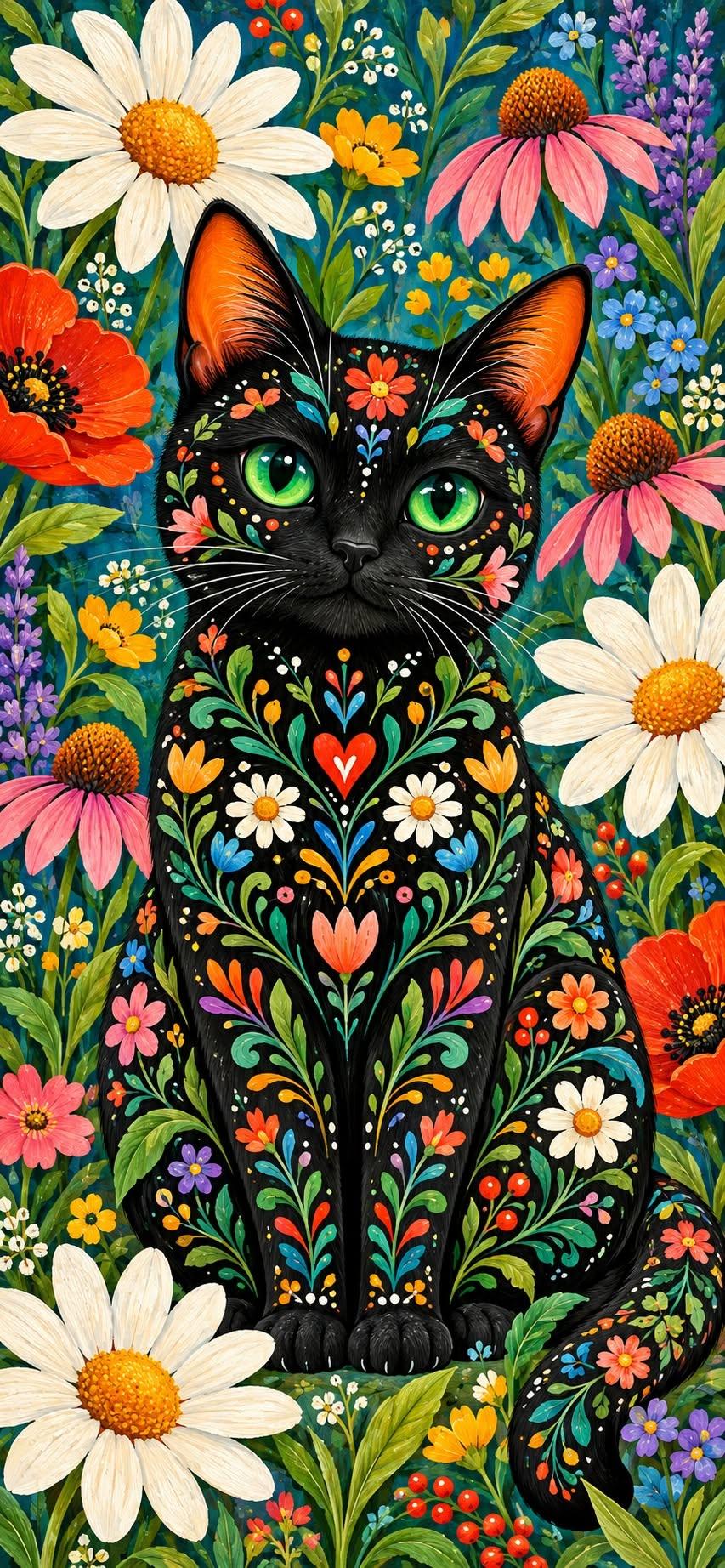 Colorful Folk Art Cat Wallpaper