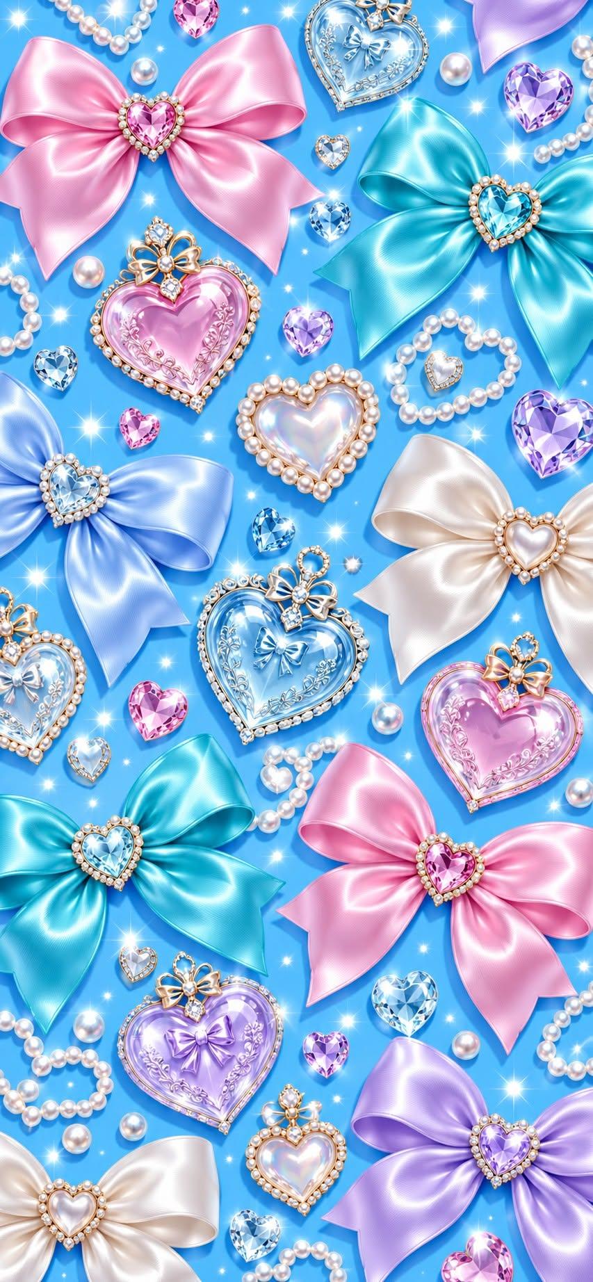 Pastel Bows and Crystal Hearts Wallpaper