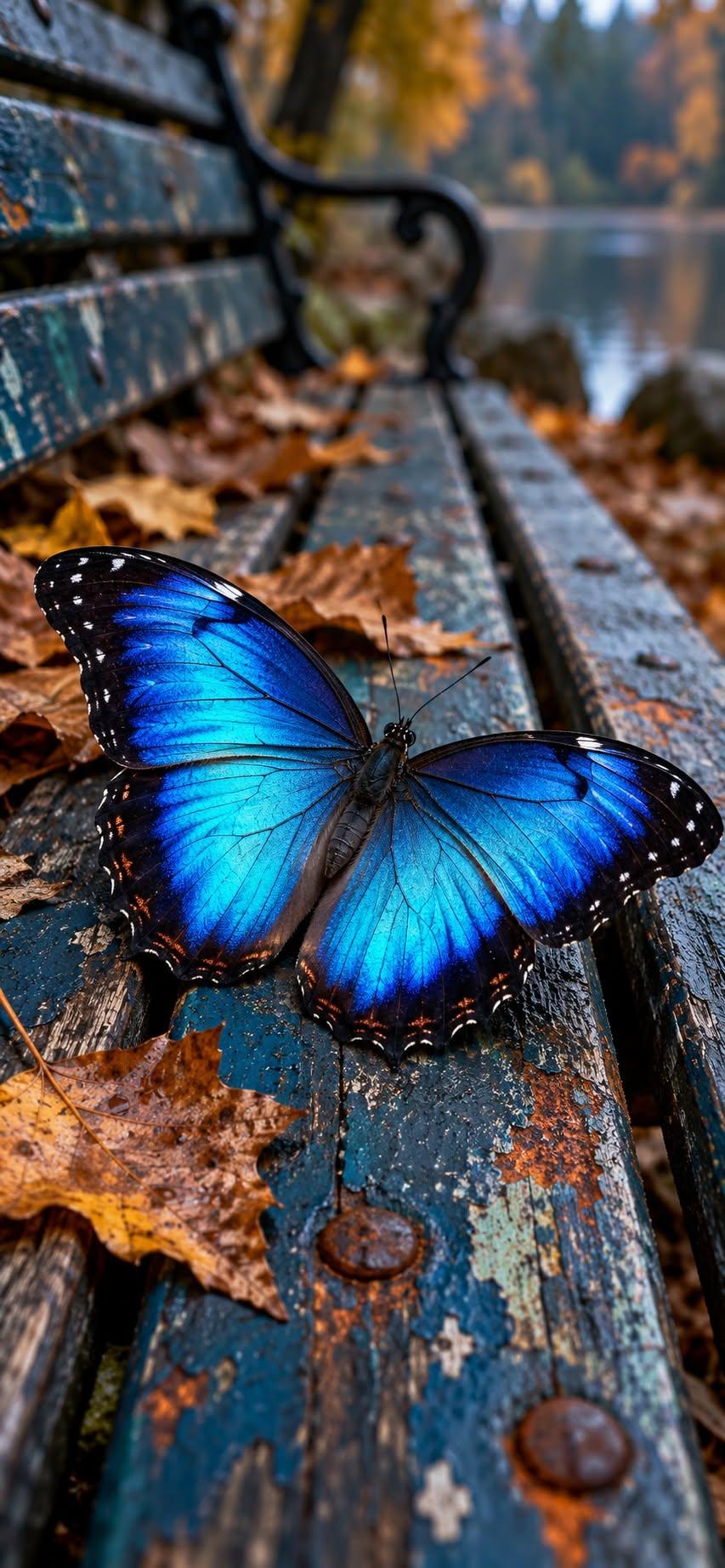 Blue Butterfly on an Autumn Bench Wallpaper