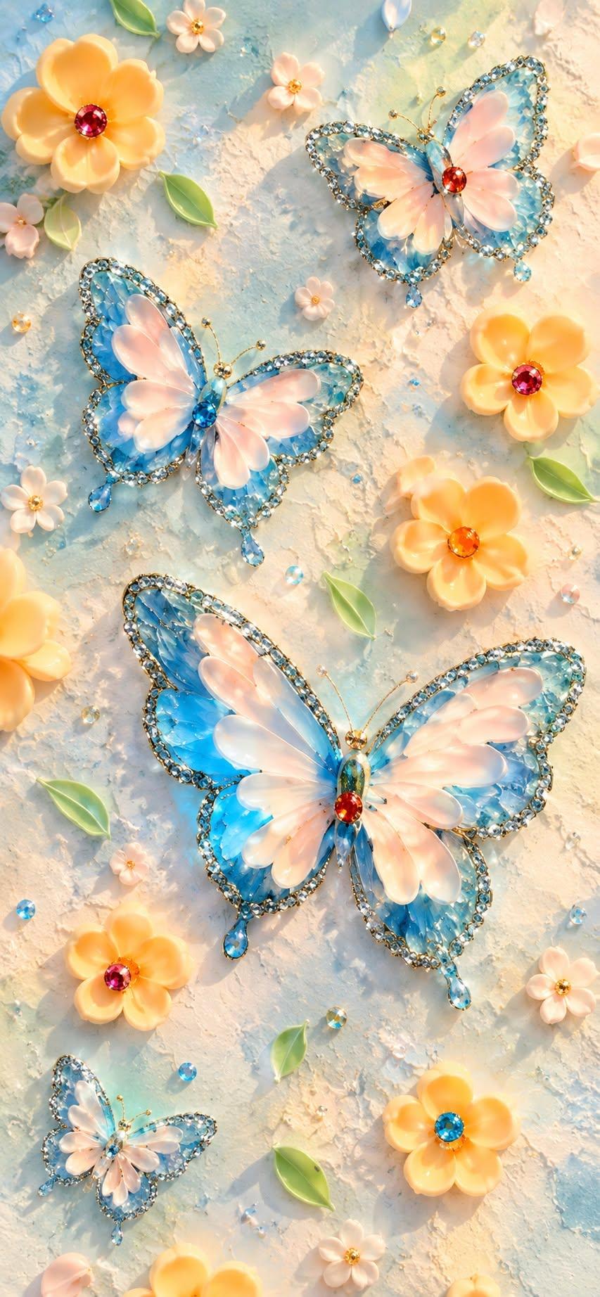 Jeweled Butterfly Wallpaper with Pastel Flowers