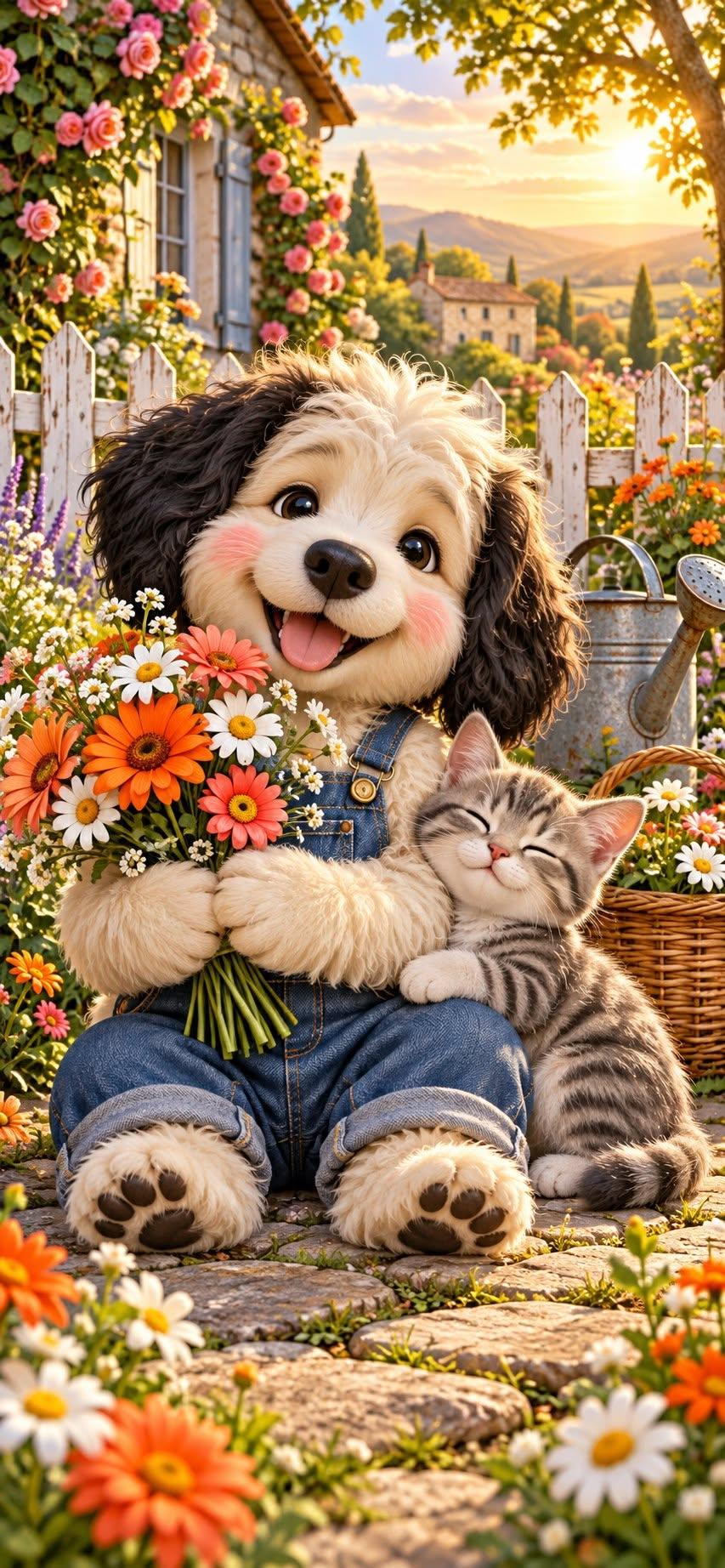 Cute Puppy and Kitten Garden Wallpaper with Flowers