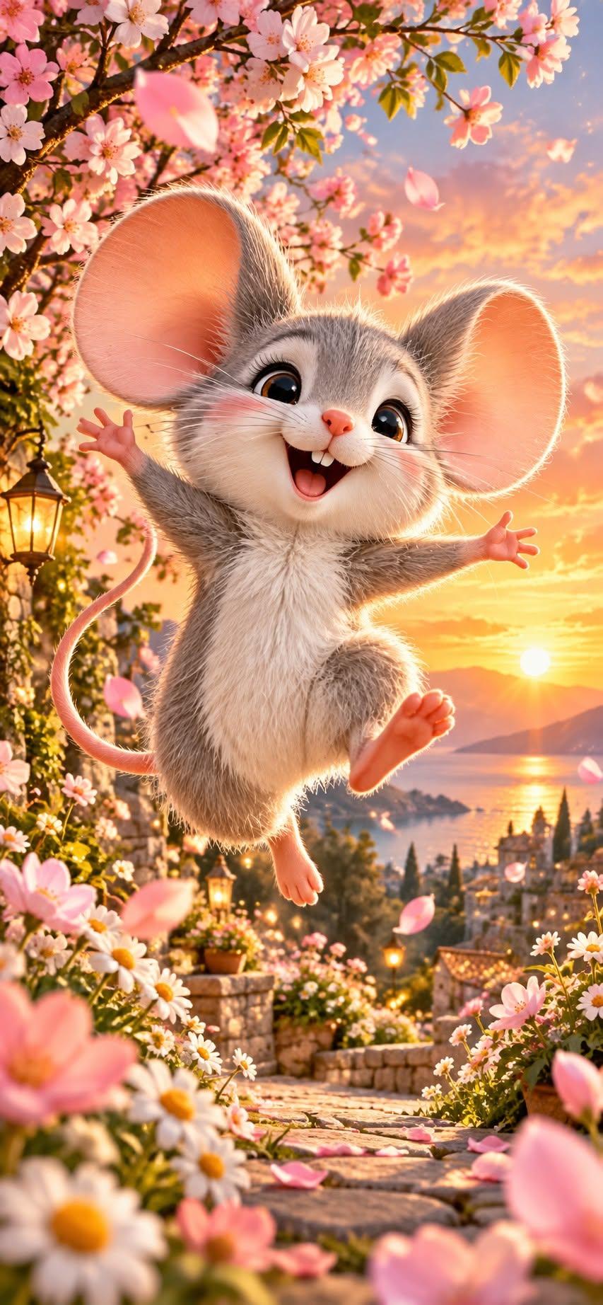 Cute Happy Mouse Wallpaper with Cherry Blossoms at Sunset