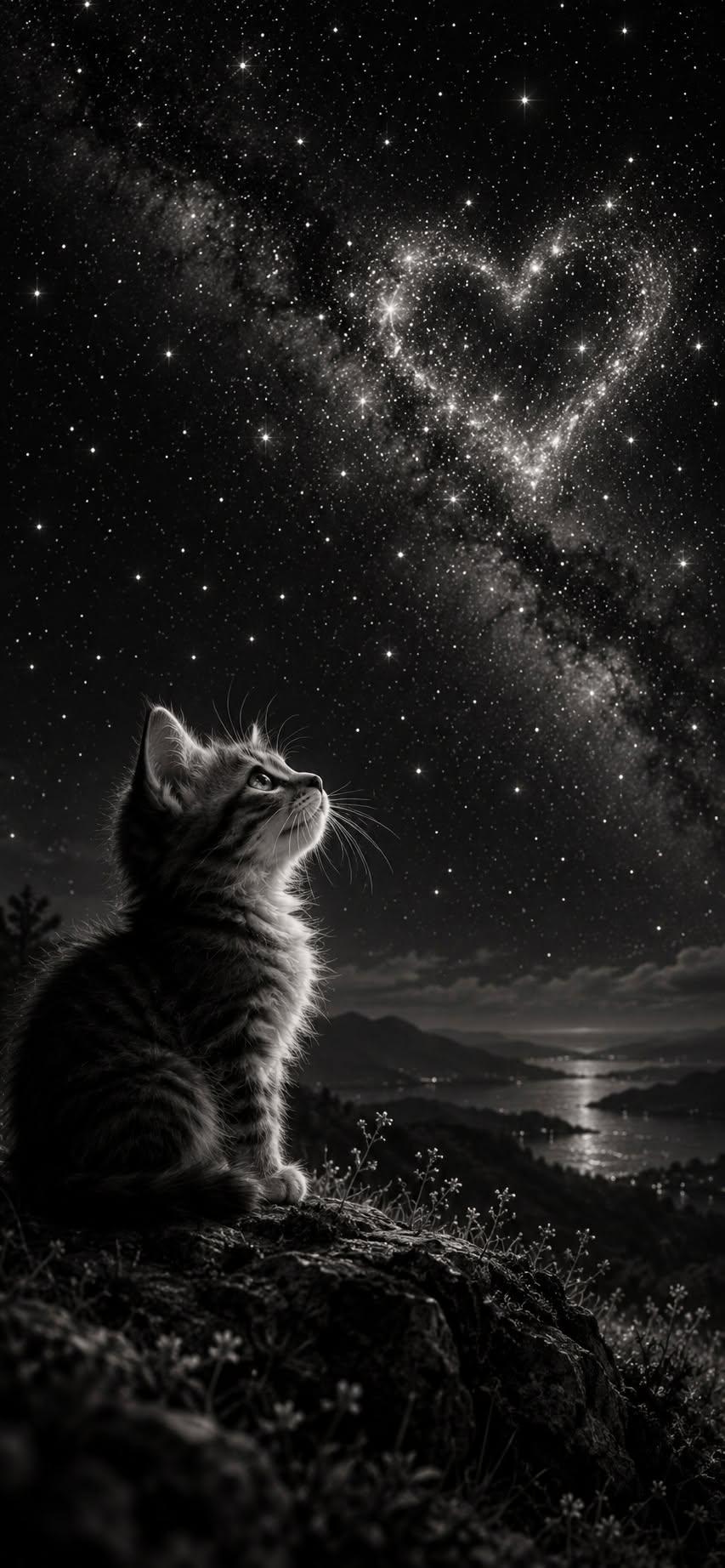 Cute Black & White Kitten Looking at Starry Heart