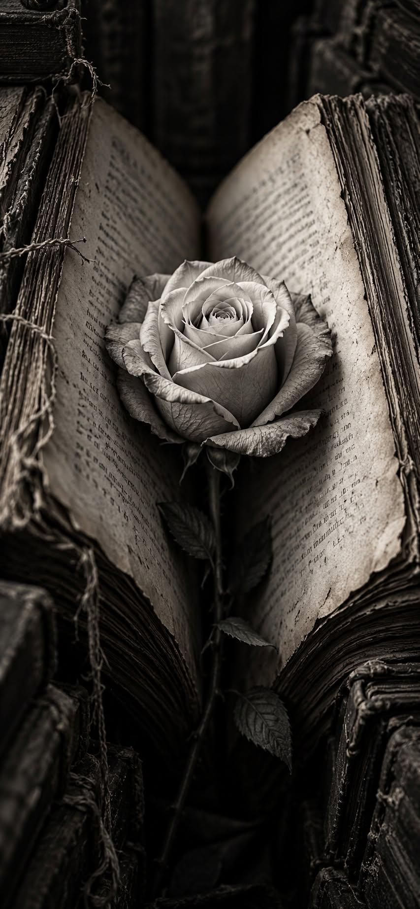 Black & White Rose on Vintage Book | Dark Aesthetic iPhone Wallpaper