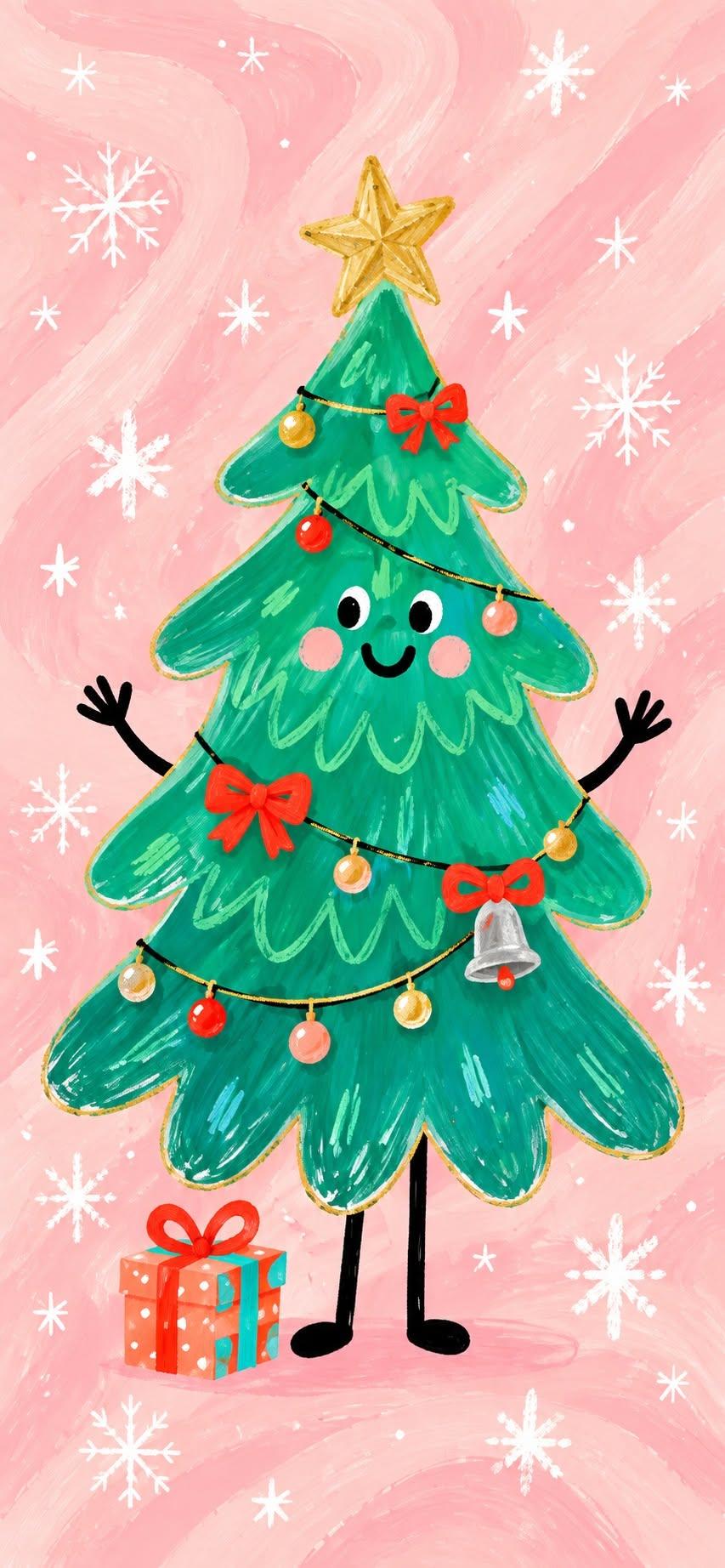 Cute Christmas Tree Wallpaper on Pink Snowflake Background