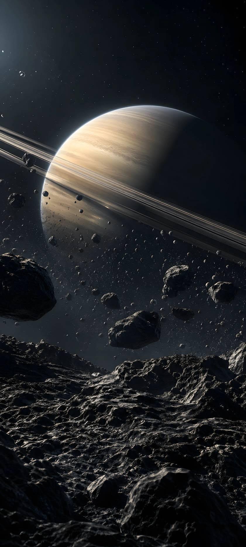 Dark Saturn Wallpaper with Rings and Floating Asteroids