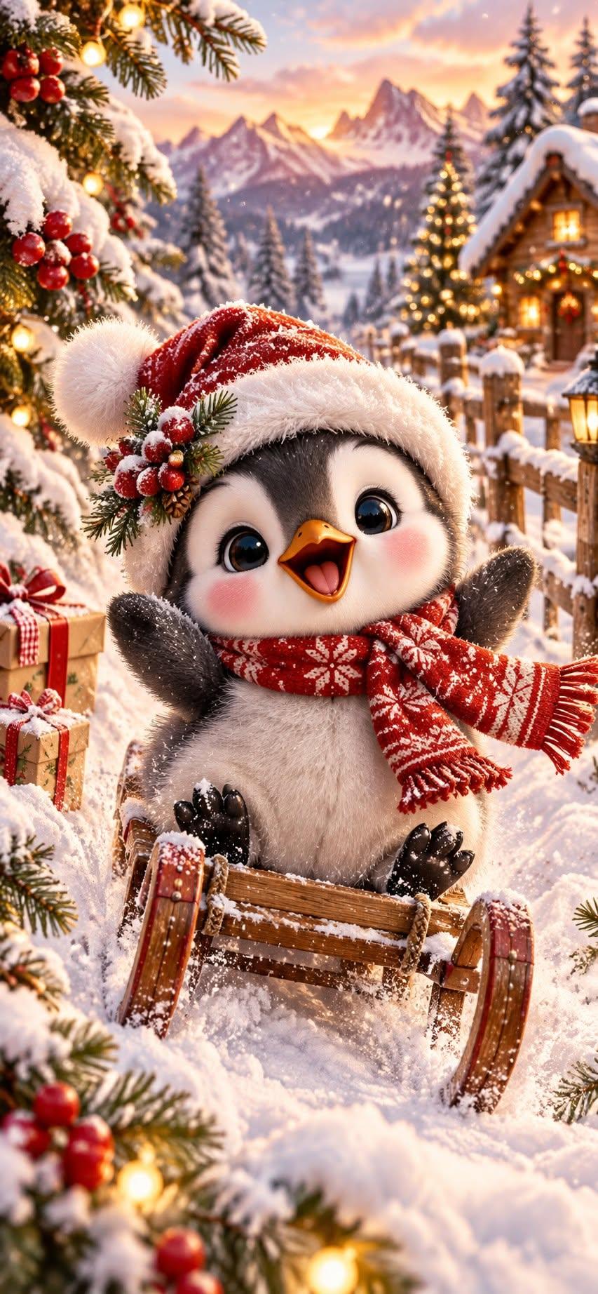 Cute Baby Penguin Christmas Wallpaper Sledding in the Snow