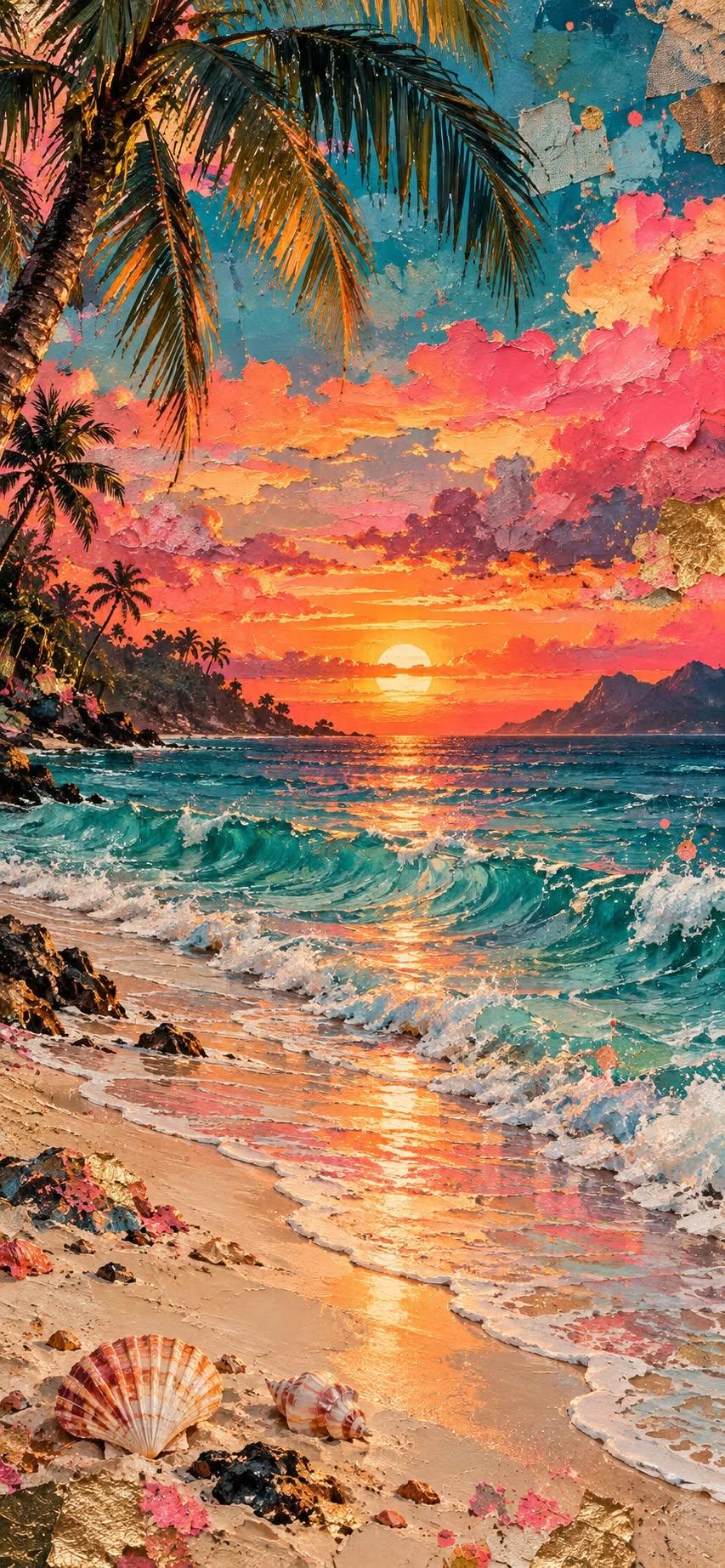 Tropical Beach Sunset Wallpaper with Palm Trees and Seashells
