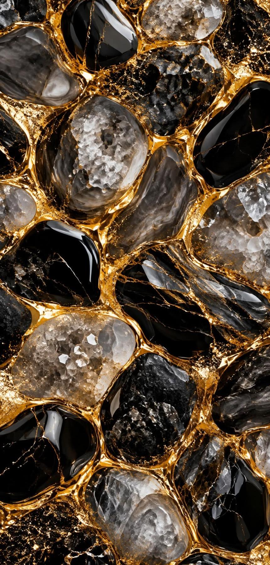 Black and Gold Crystal Stones Wallpaper with Shiny Marble Look