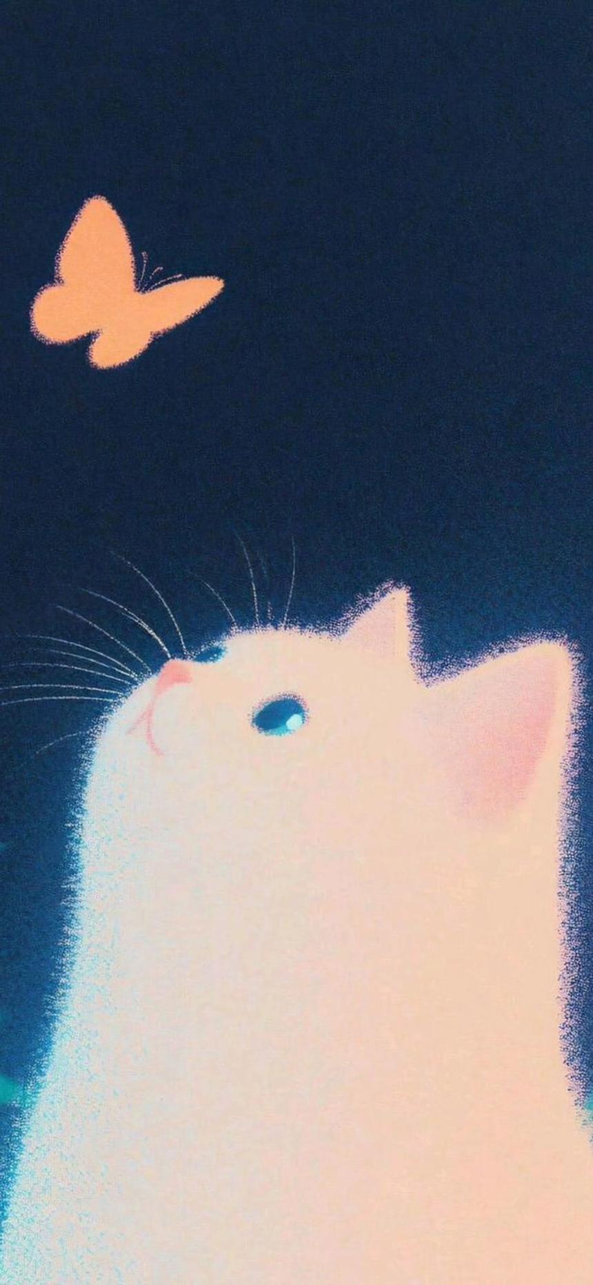 Cute White Cat Wallpaper Looking at an Orange Butterfly