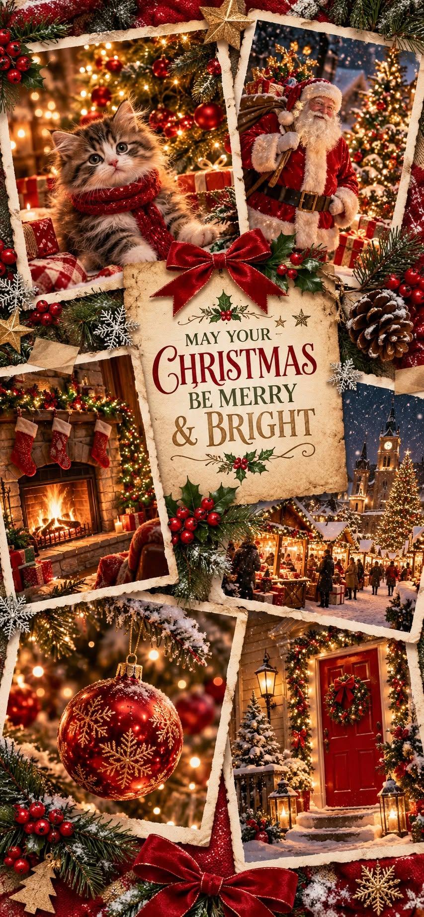 Merry and Bright Christmas Collage Wallpaper with Kitten and Santa