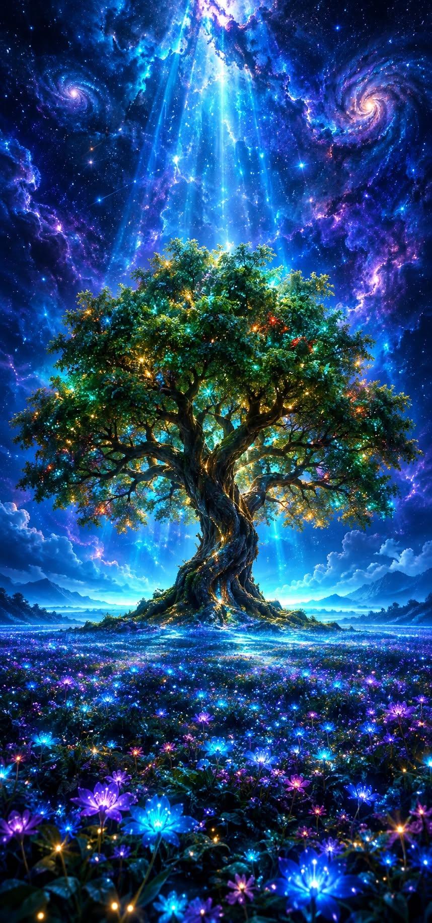 Magical Tree of Life Wallpaper with Galaxy Sky and Glowing Flowers