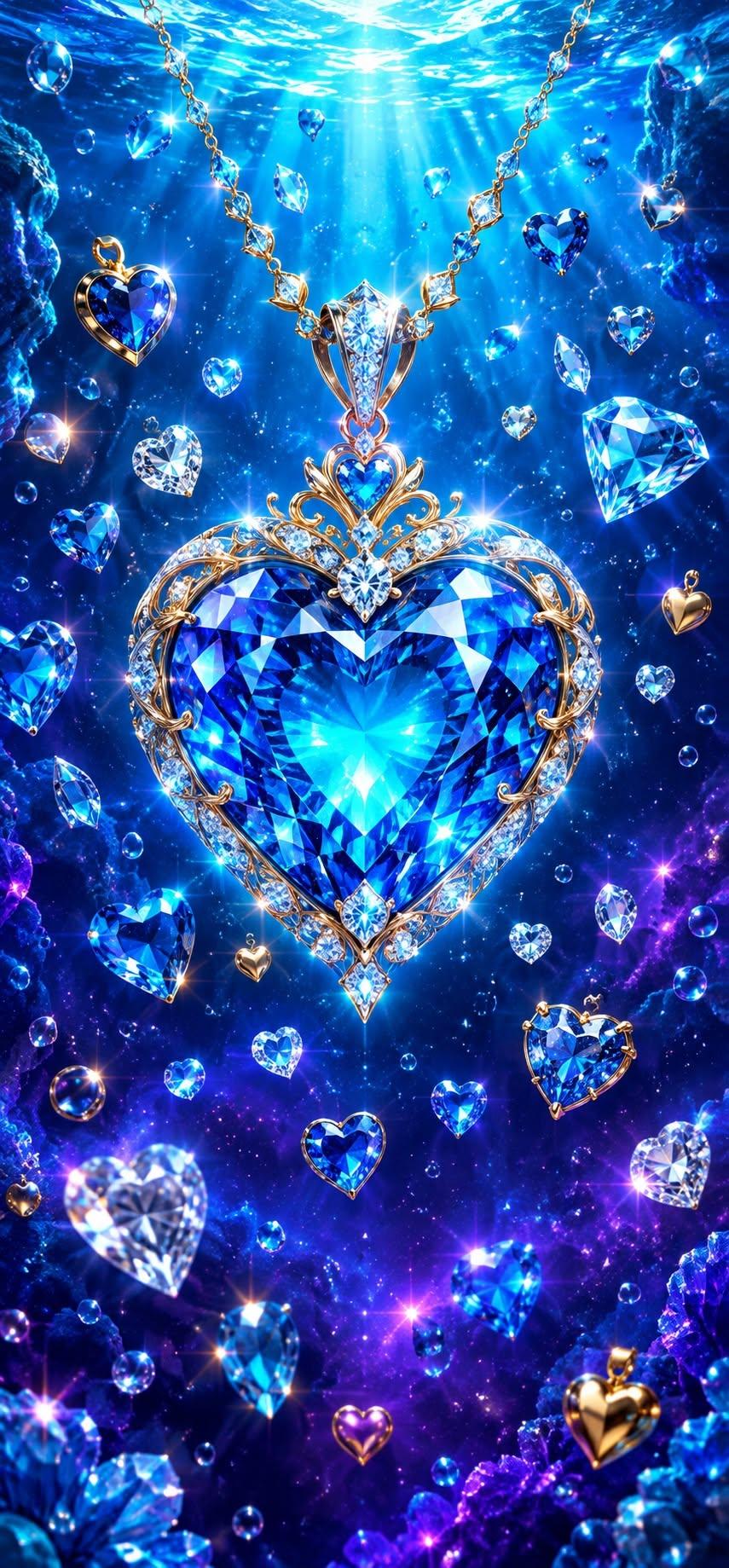 Blue Heart Diamond Necklace Wallpaper with Underwater Sparkle