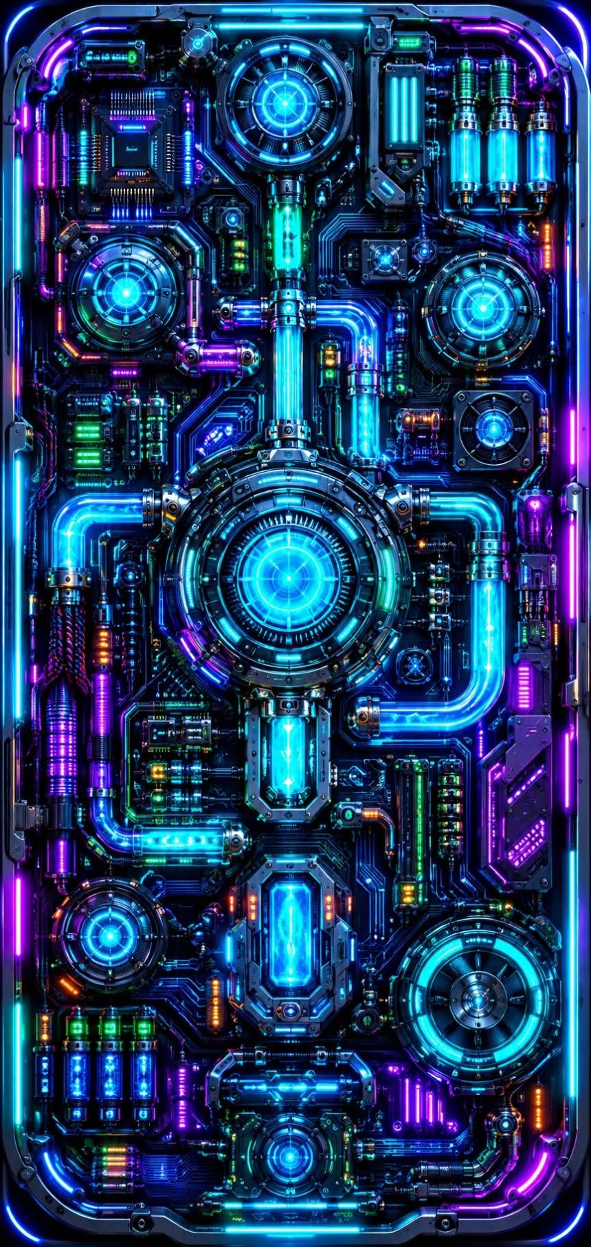 Cyberpunk Tech Wallpaper with Glowing Blue Circuits and Pipes