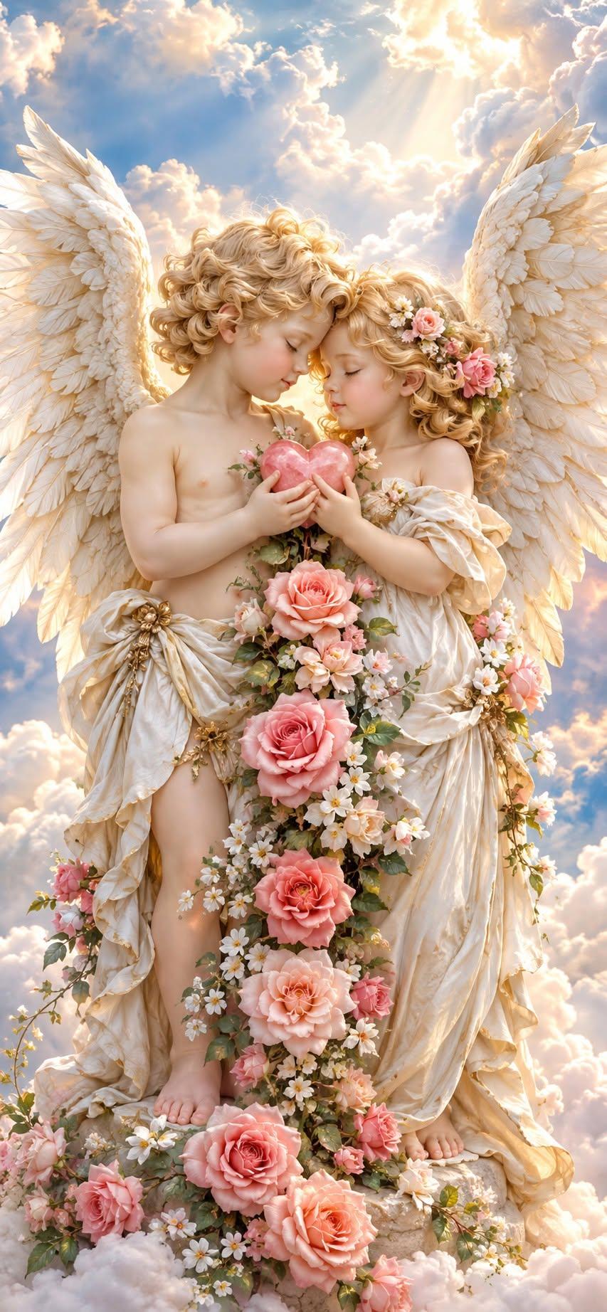 Angel Wallpaper with Pink Roses and Heart in Heavenly Clouds