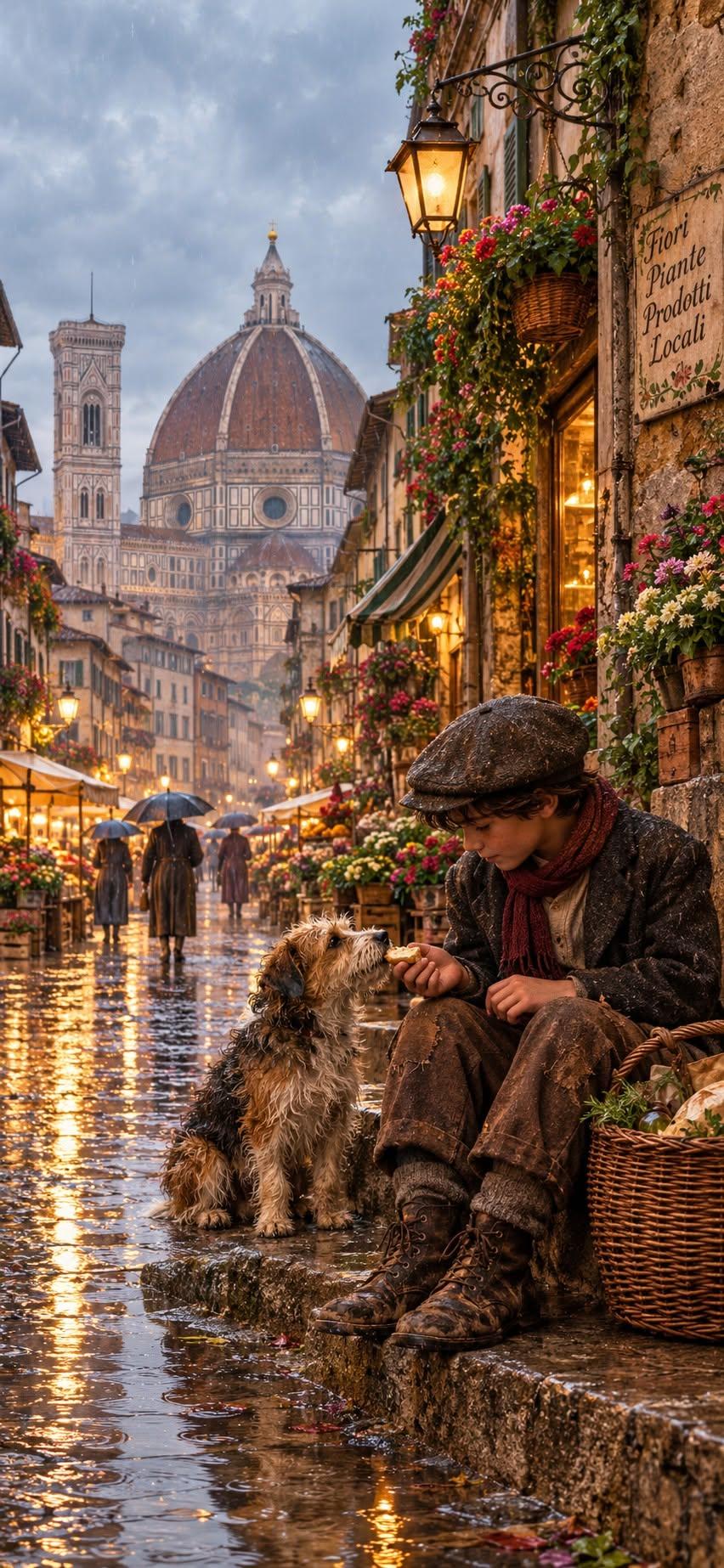 Rainy Italian Street Wallpaper with Boy Sharing Bread with a Dog