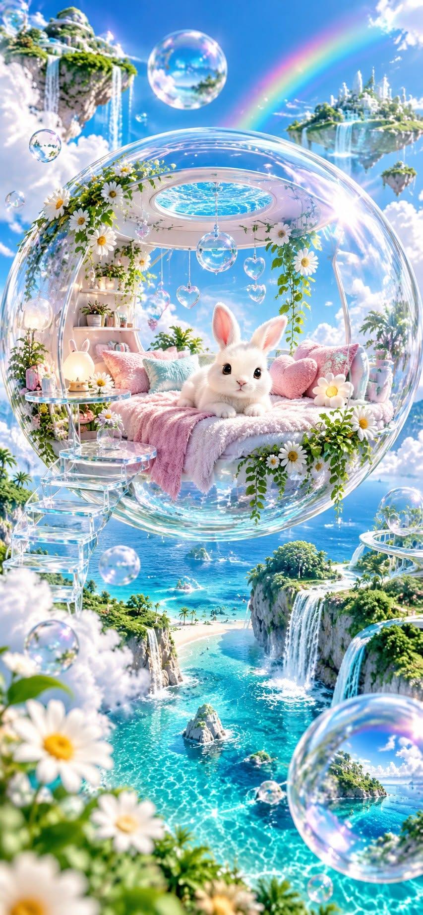 Cute Bunny Bubble Room Wallpaper with Floating Islands and Rainbow