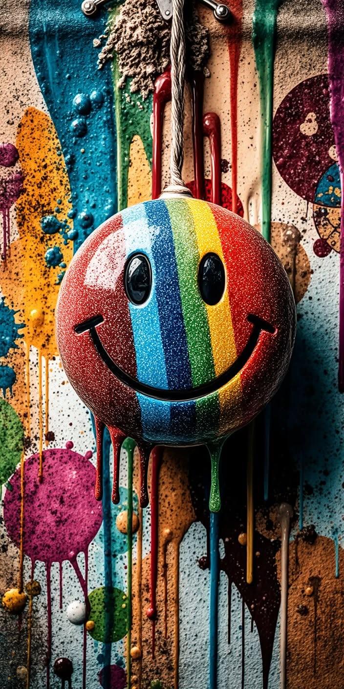 Rainbow Smiley Face Wallpaper with Dripping Colorful Paint