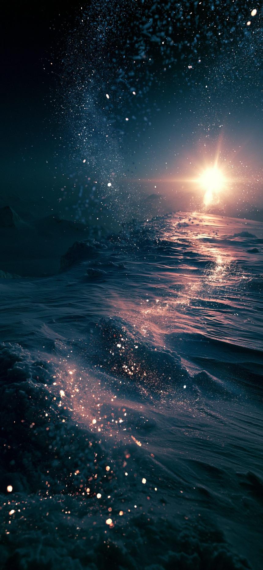Snowy Night Wallpaper with Glowing Sun and Sparkly Milky Way