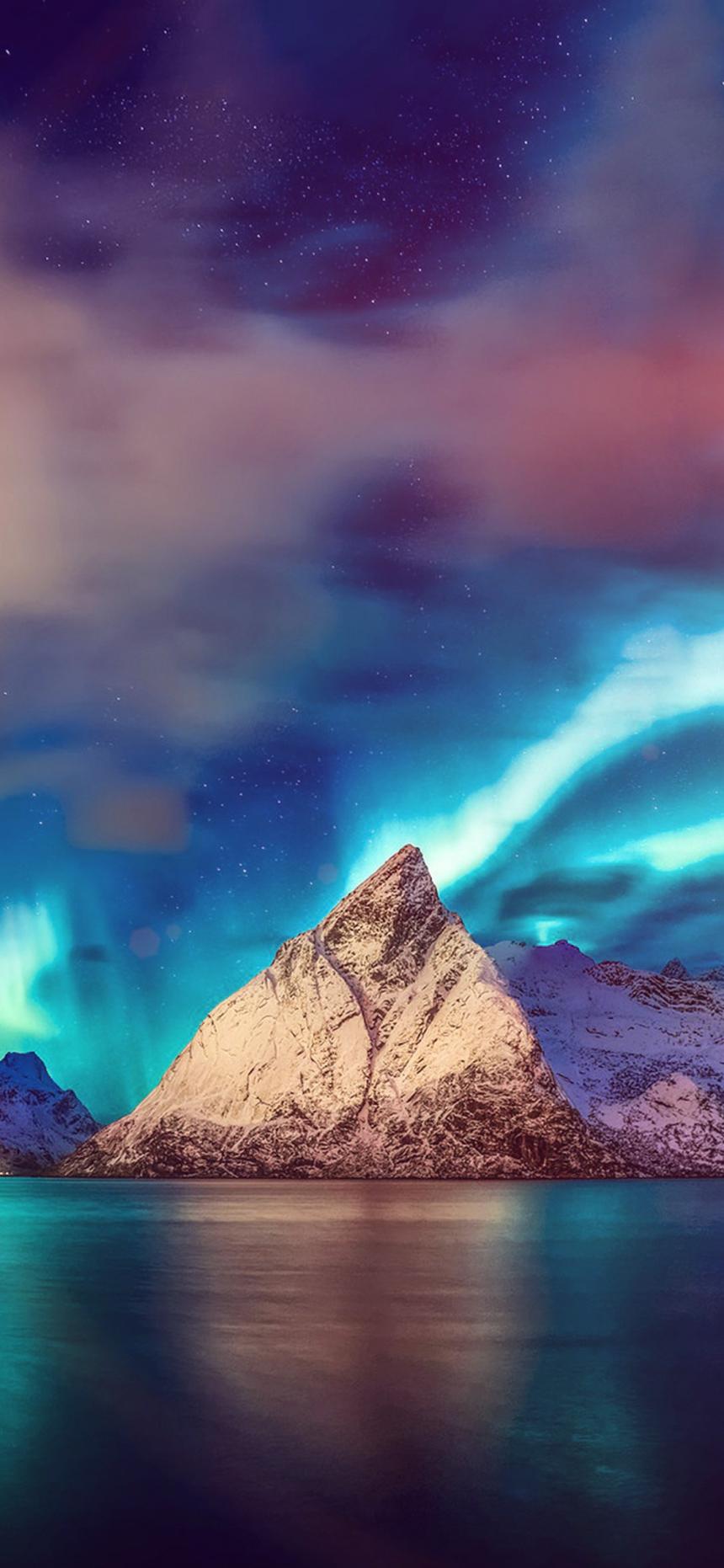 Northern Lights Mountain Wallpaper with Glowing Aurora over Calm Water
