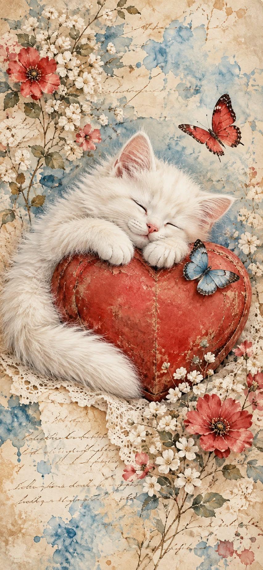 Vintage White Kitten Wallpaper Sleeping on a Red Heart with Butterflies