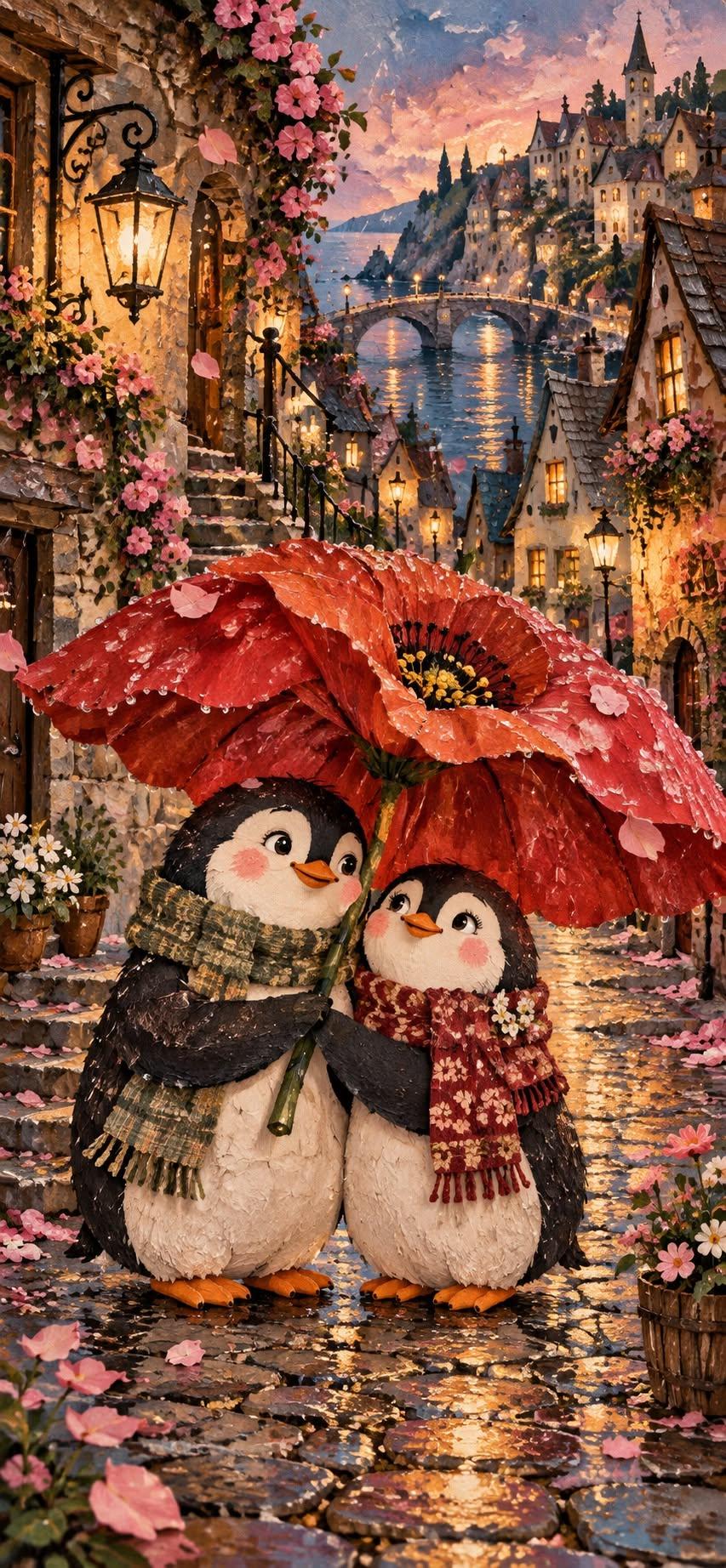 Cute Penguin Couple Wallpaper Under a Red Flower Umbrella in the Rain
