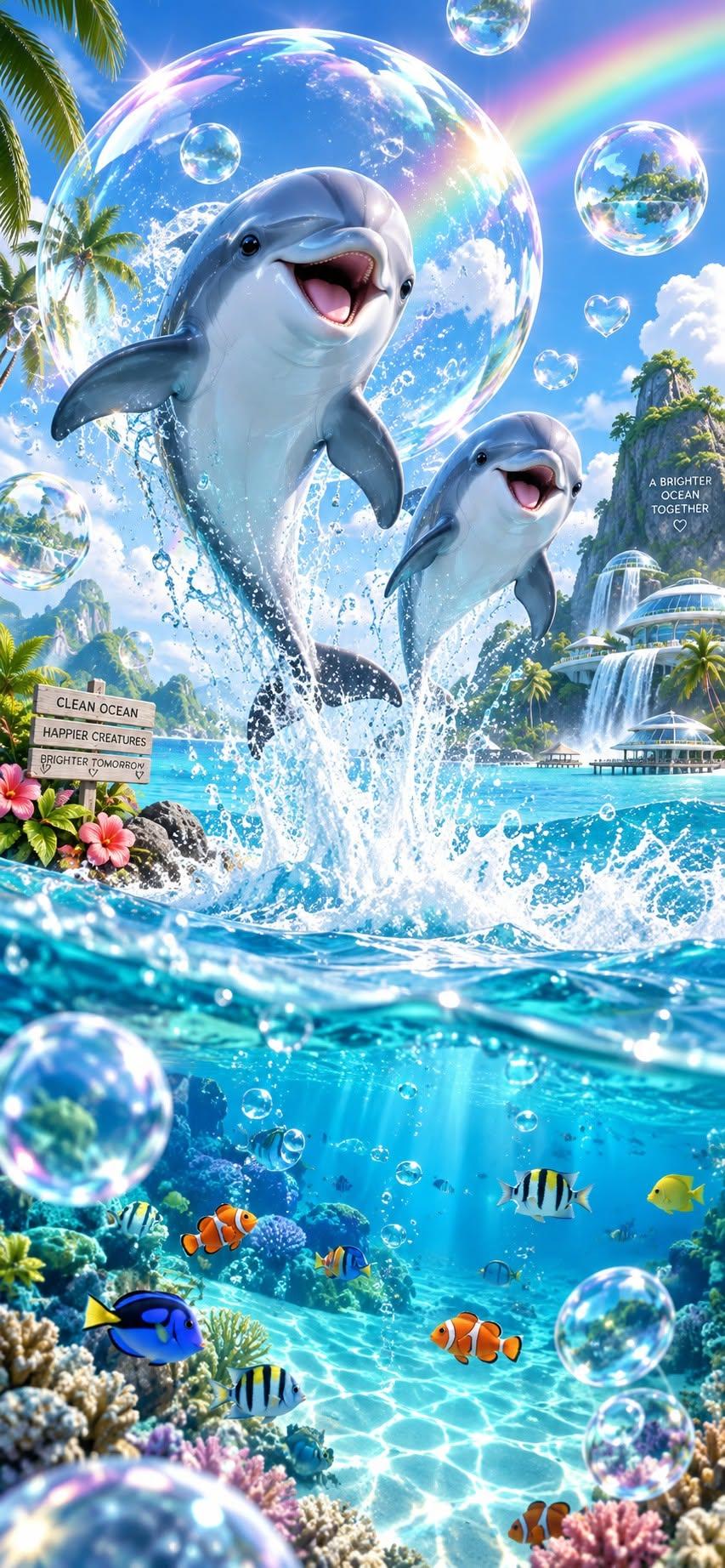 Frutiger Aero Dolphin Wallpaper with Bubbles, Rainbow and Ocean Reef
