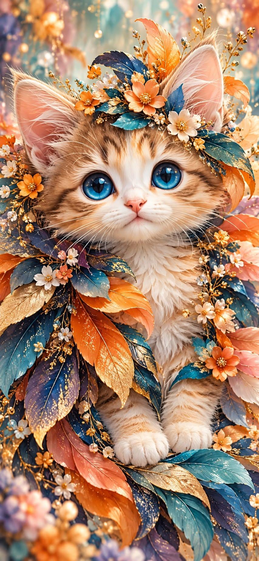 Whimsical Autumn Kitten Phone Wallpaper