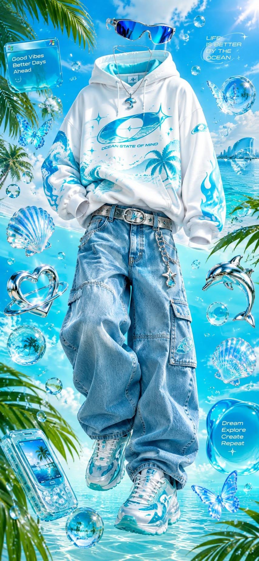 Ocean Streetwear Wallpaper with Blue Hoodie and Frutiger Aero Vibes