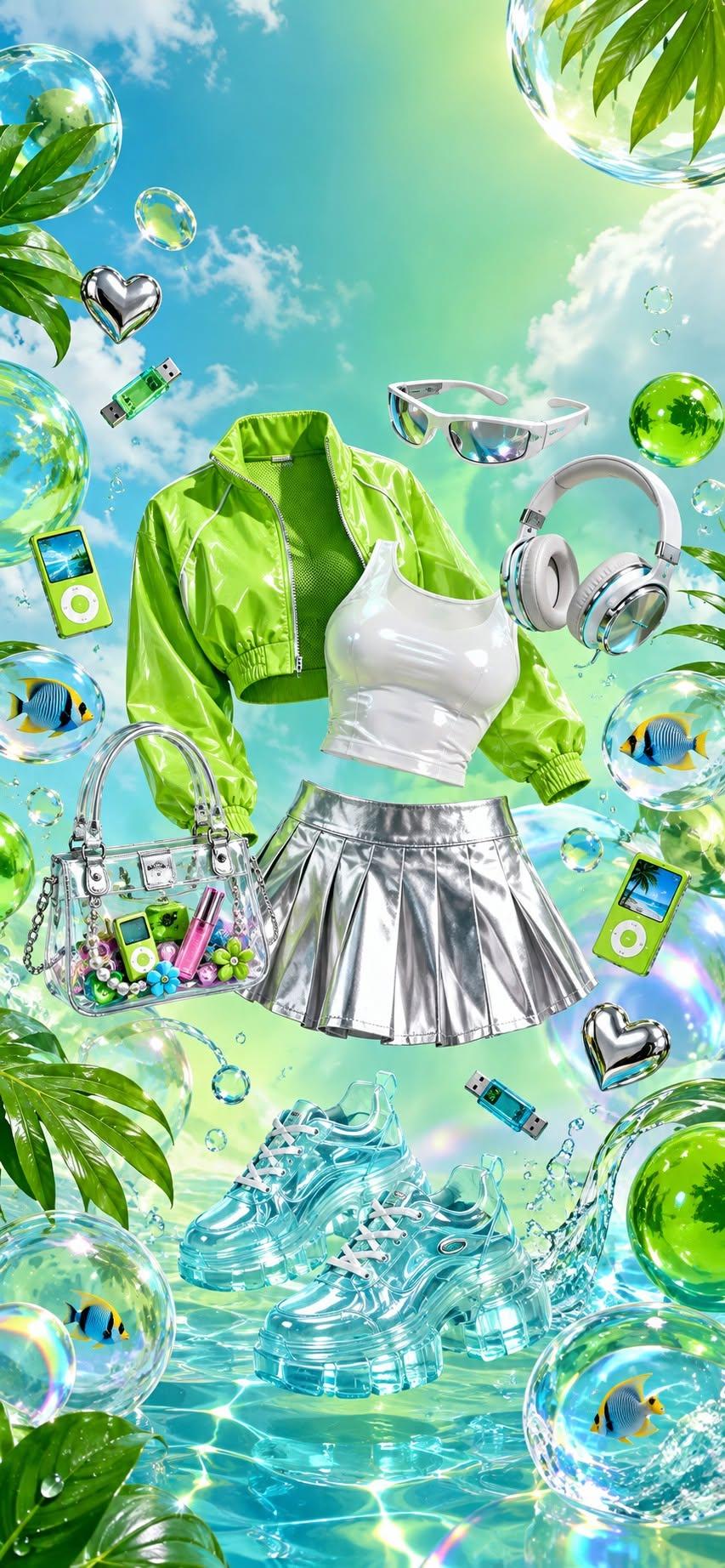 Frutiger Aero Outfit Wallpaper with Green Jacket and Silver Skirt