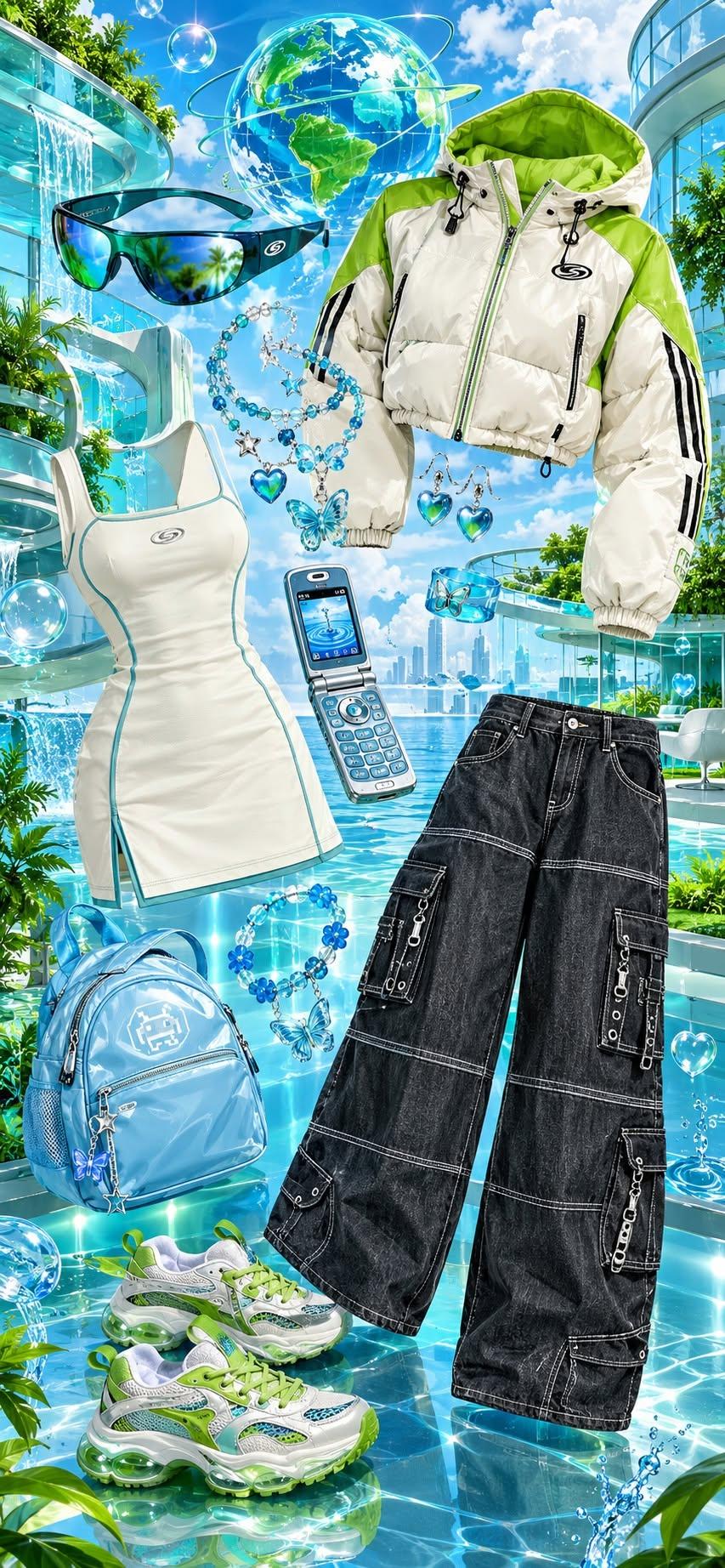 Frutiger Aero Fashion Wallpaper with Puffer Jacket and Cargo Pants