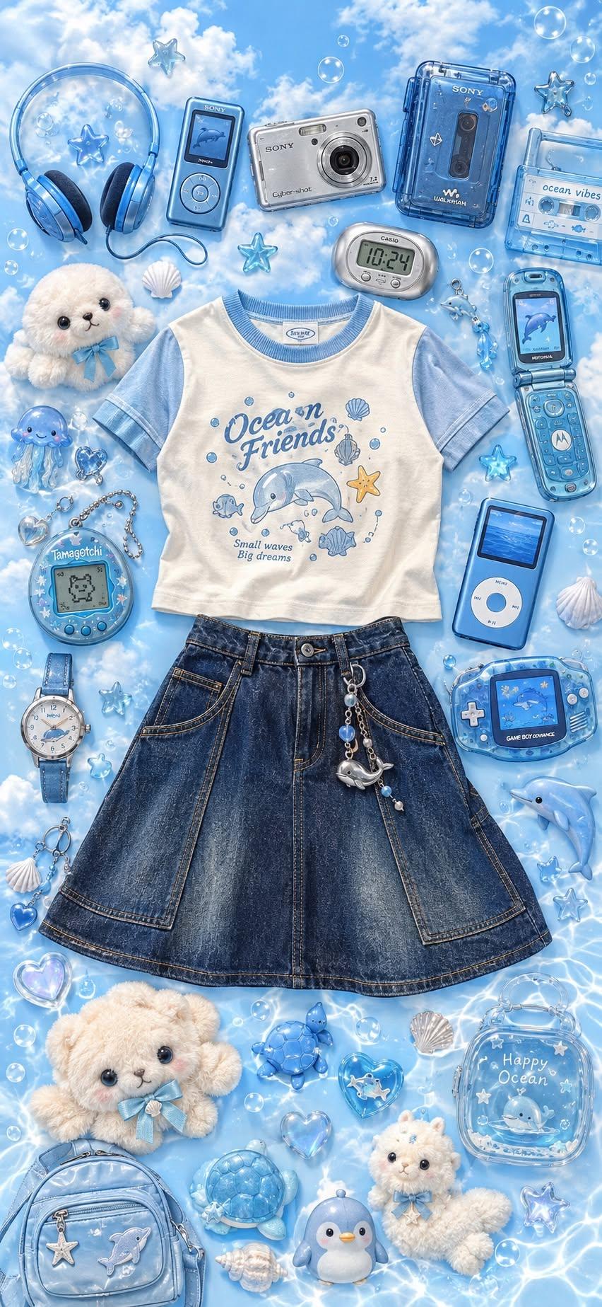 Blue Ocean Outfit Wallpaper with Ponyo Tee, Denim Skirt and Retro Gadgets