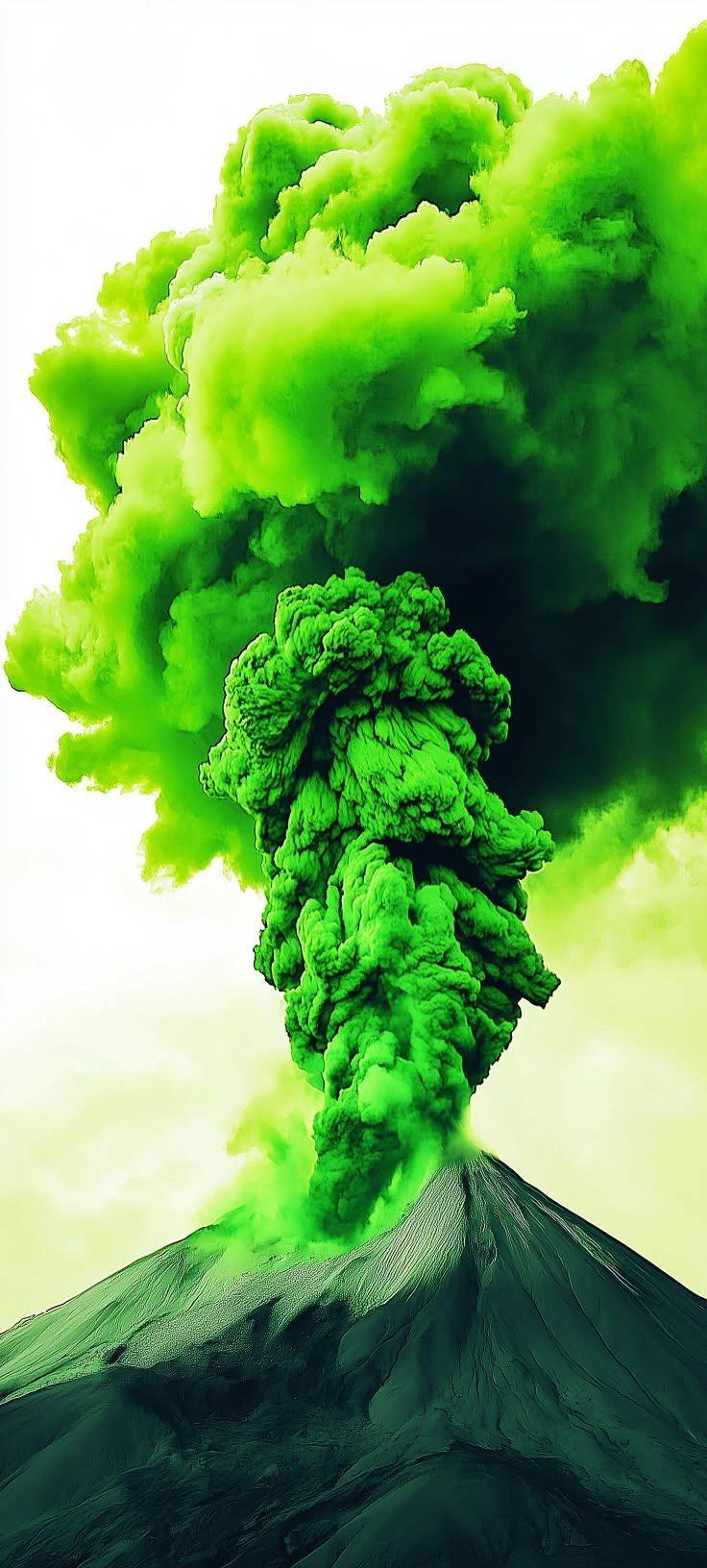 Neon Green Volcano Wallpaper with Huge Smoke Cloud Eruption
