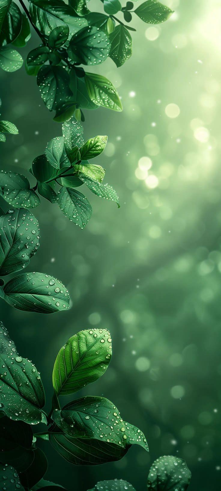 Green Leaves Wallpaper with Water Drops and Soft Sunlight