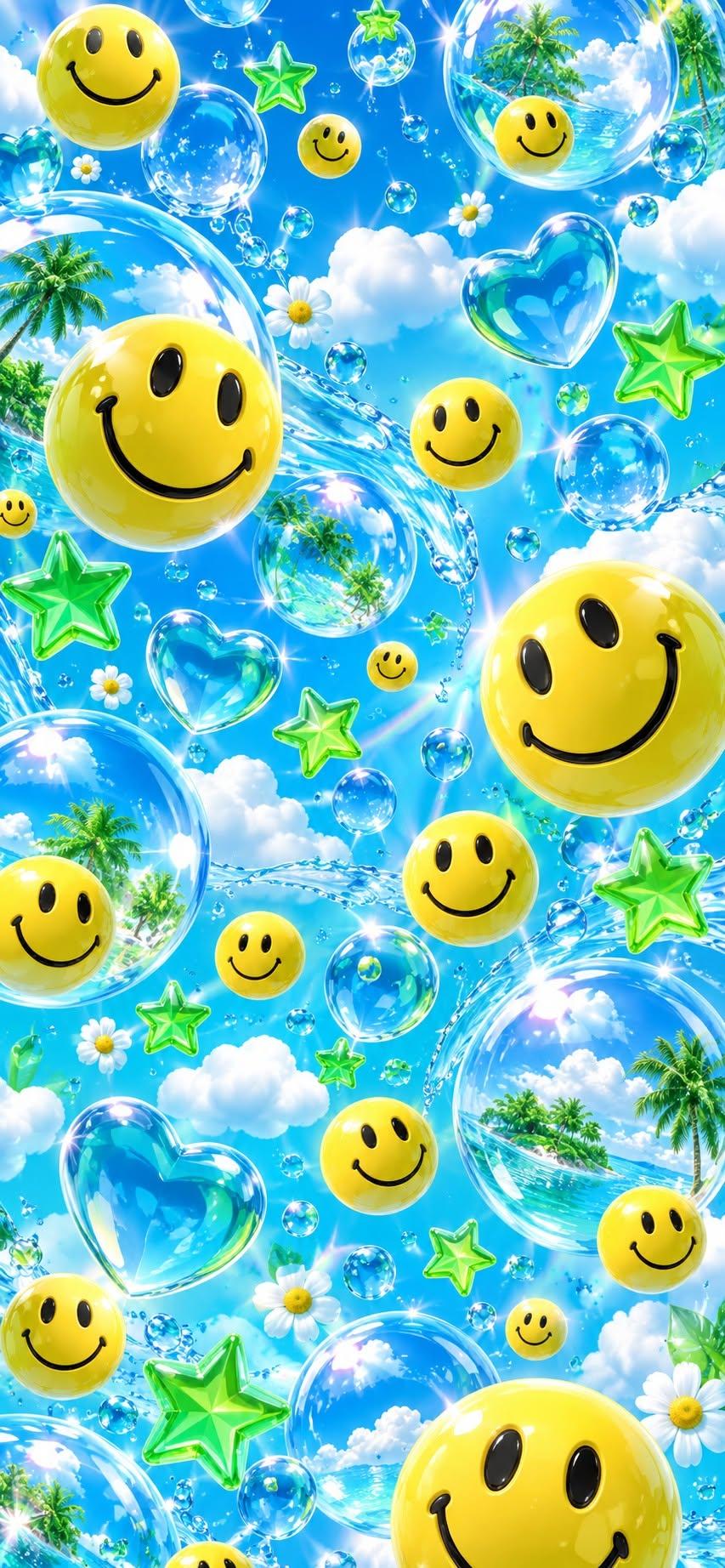 Frutiger Aero Smiley Face Wallpaper with Bubbles and Tropical Islands