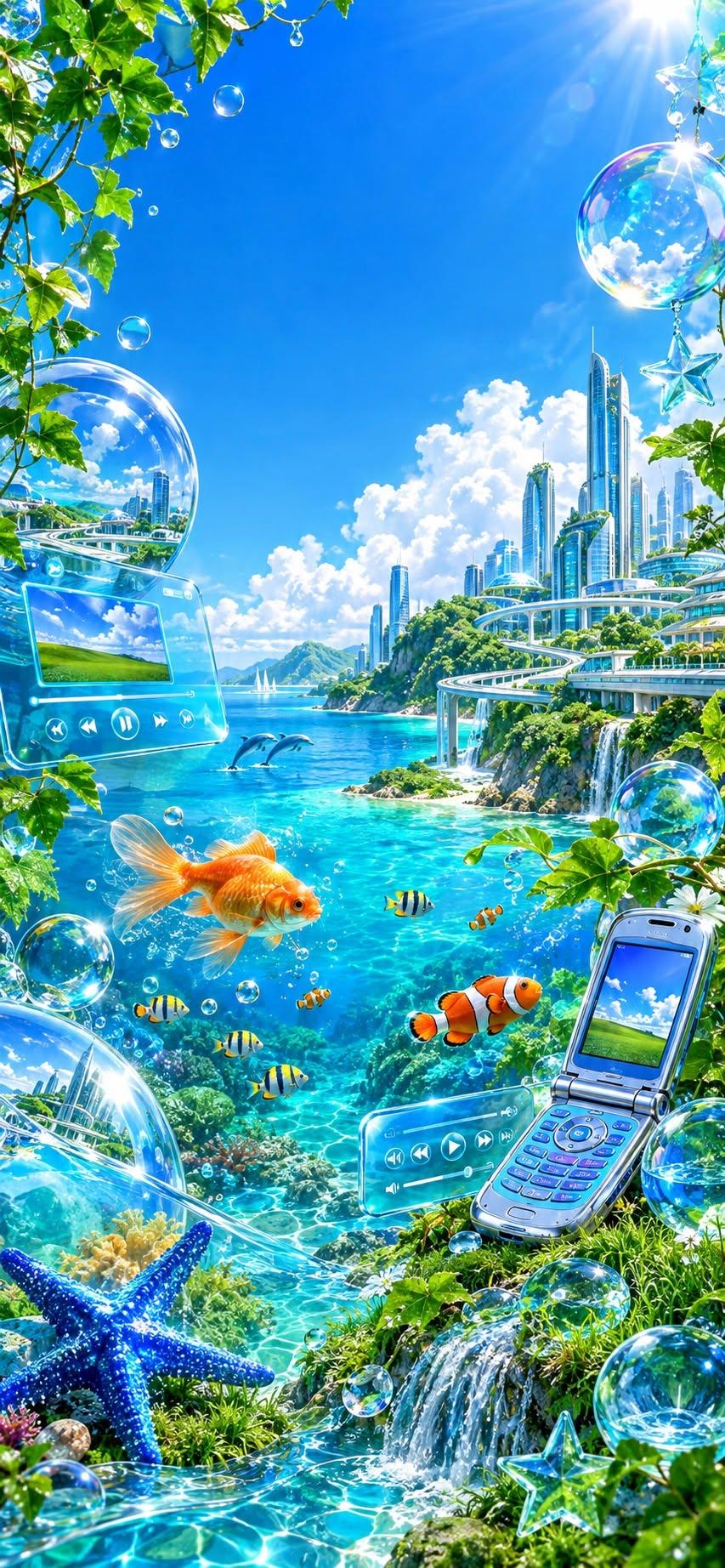 Frutiger Aero Ocean City Wallpaper with Goldfish, Flip Phone and Bubbles