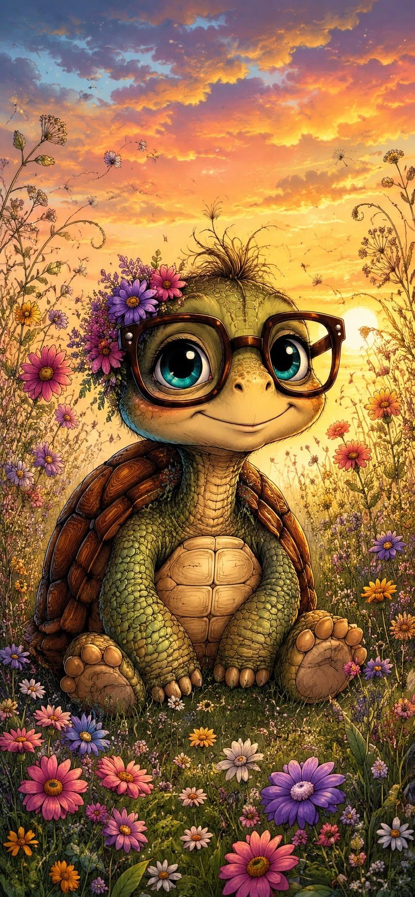 Cute Turtle Wallpaper with Big Glasses in a Sunset Flower Field