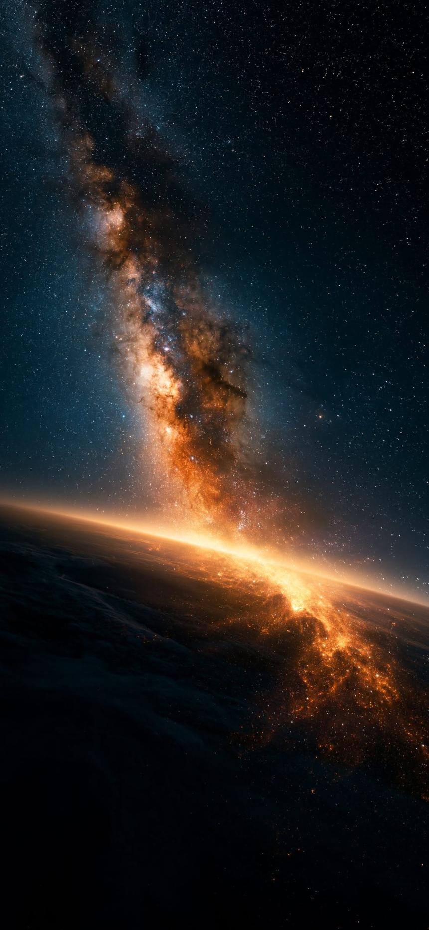 Milky Way Space Wallpaper with Glowing Orange Planet Horizon