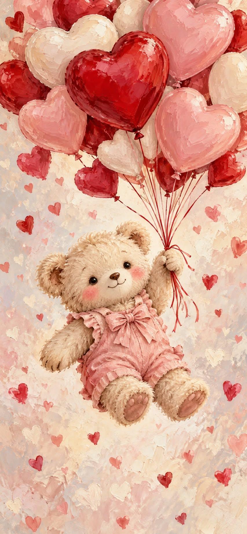 Cute Teddy Bear Wallpaper Floating with Pink and Red Heart Balloons